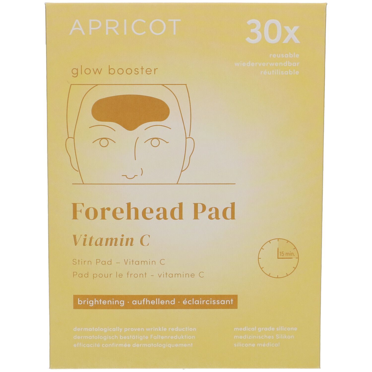 Emballage jaune avec image du produit et texte "APRICOT Forehead Pad Vitamin C". Contient 30 pads.