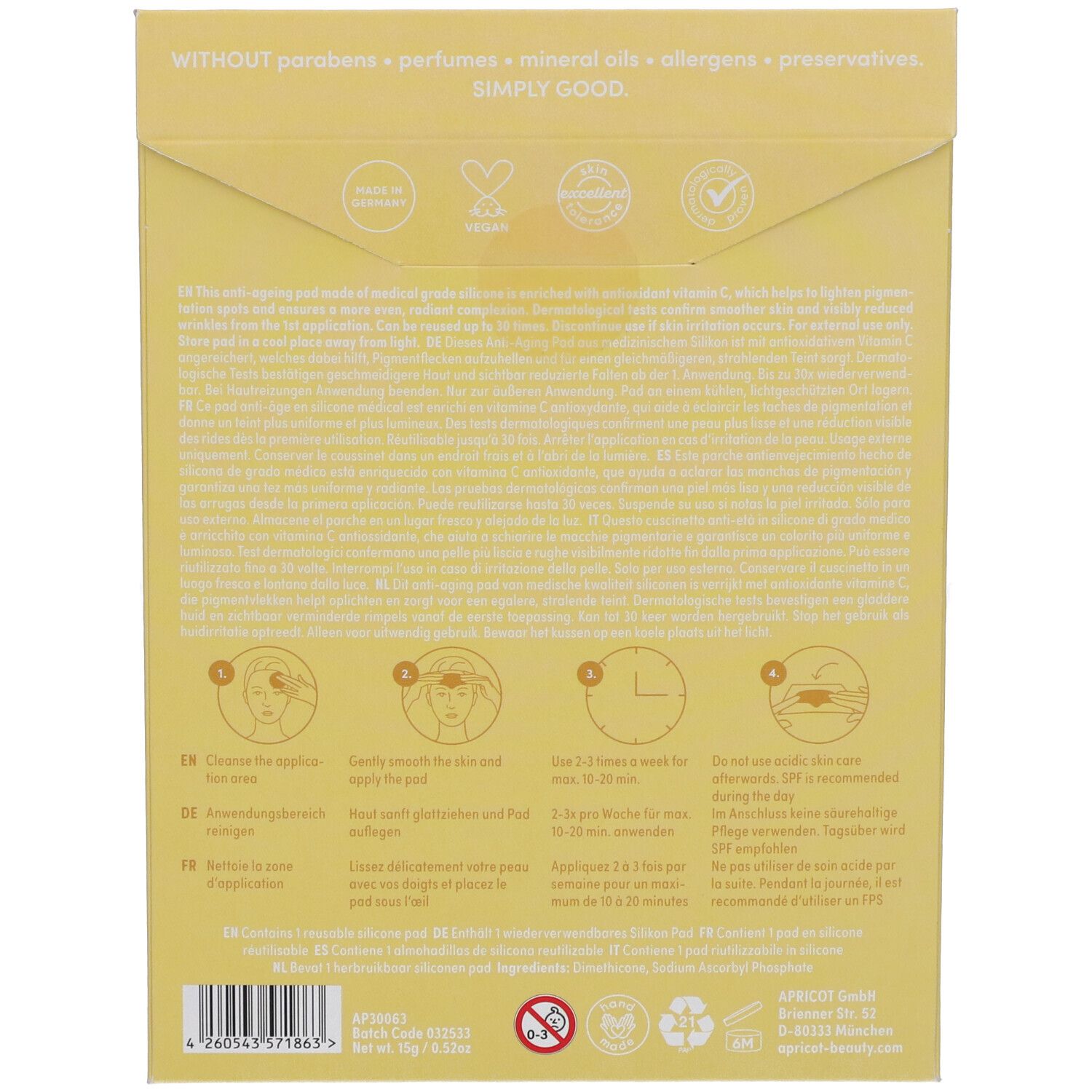 Dos de l'emballage jaune avec texte et pictogrammes. Contient des informations sur le produit et son utilisation.