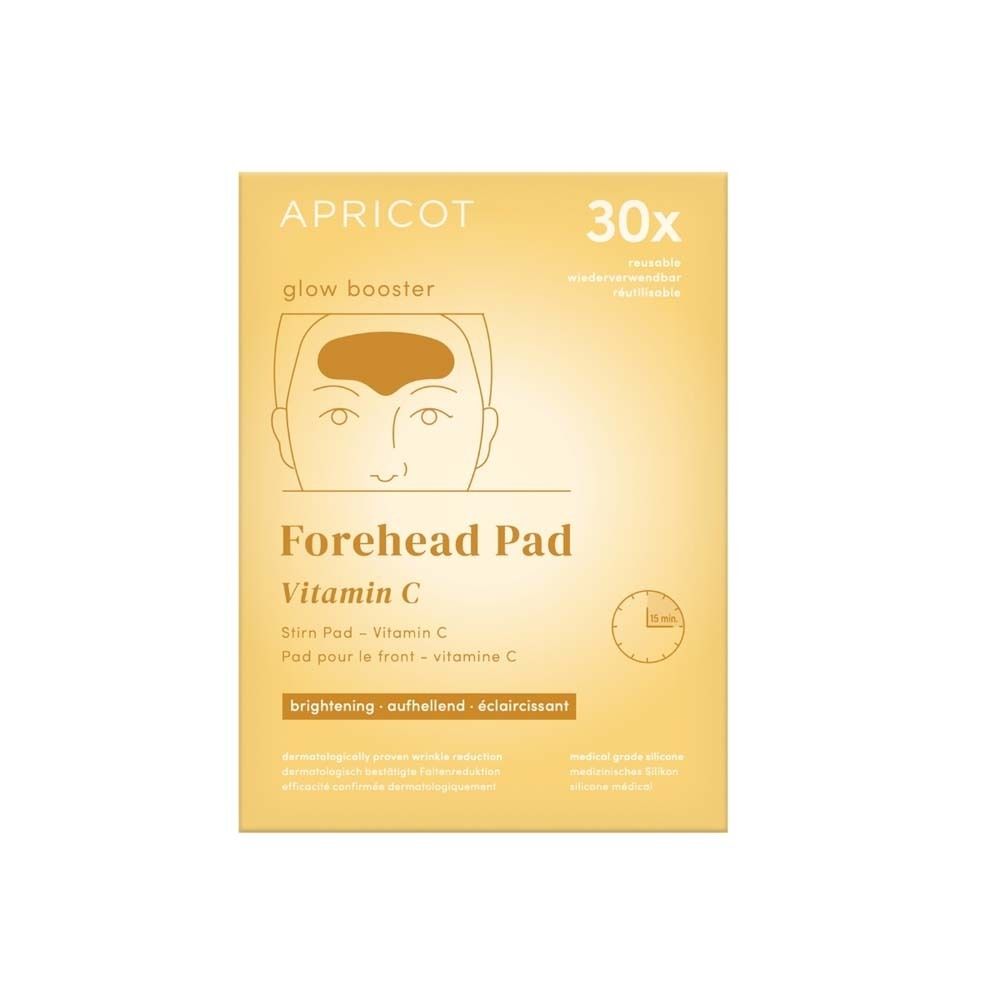 Gele verpakking met voorhoofdpad. Tekst: APRICOT, Forehead Pad, Vitamin C, 30x. Illustratie van een gezicht.