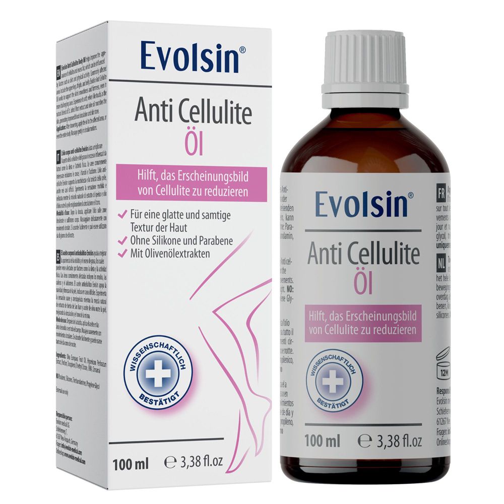 Fles en doos Evolsin Anti Cellulite Olie, 100 ml.