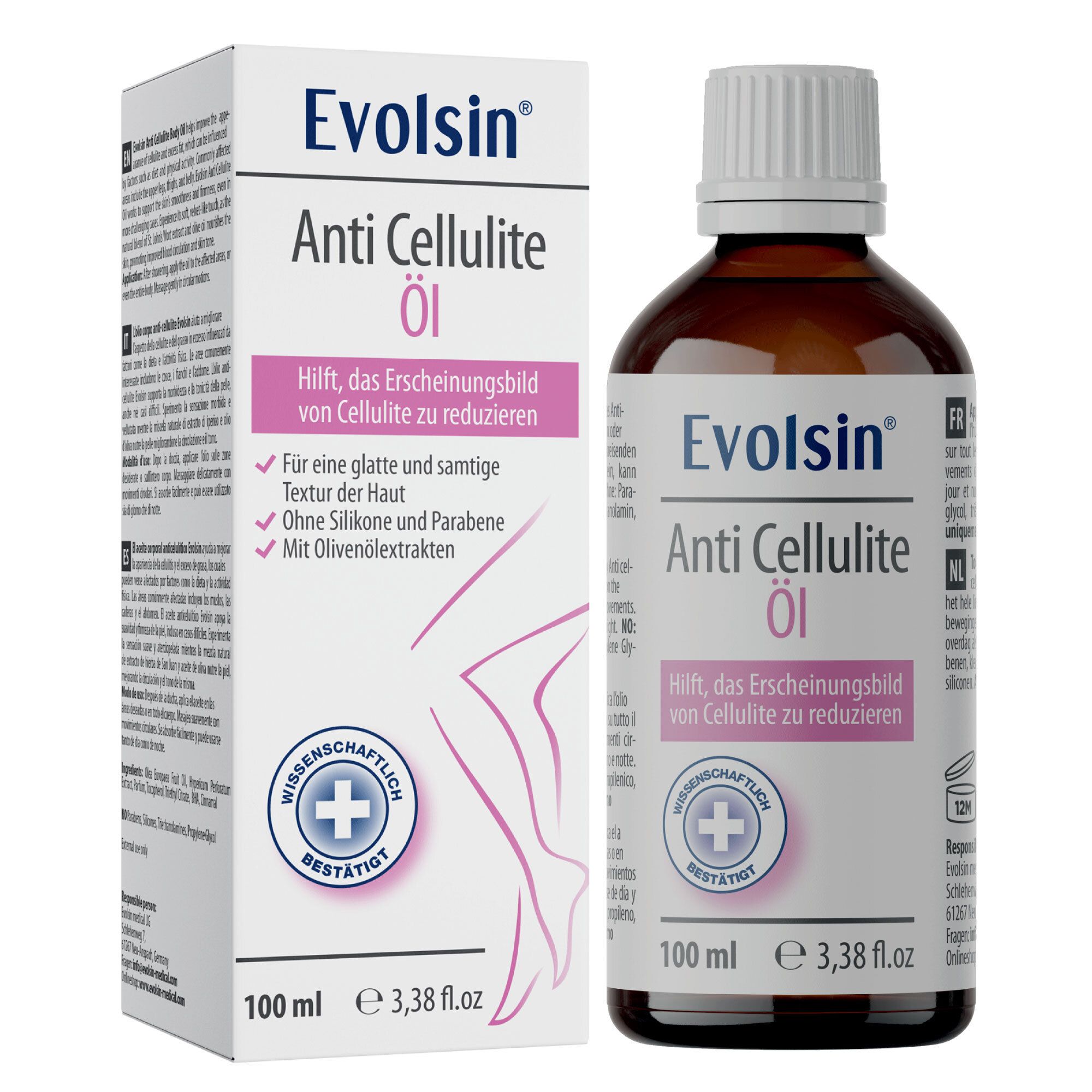 Evolsin® Anti Cellulite Öl. Fles en verpakking. Helpt cellulitis te verminderen. Met olijfextracten.