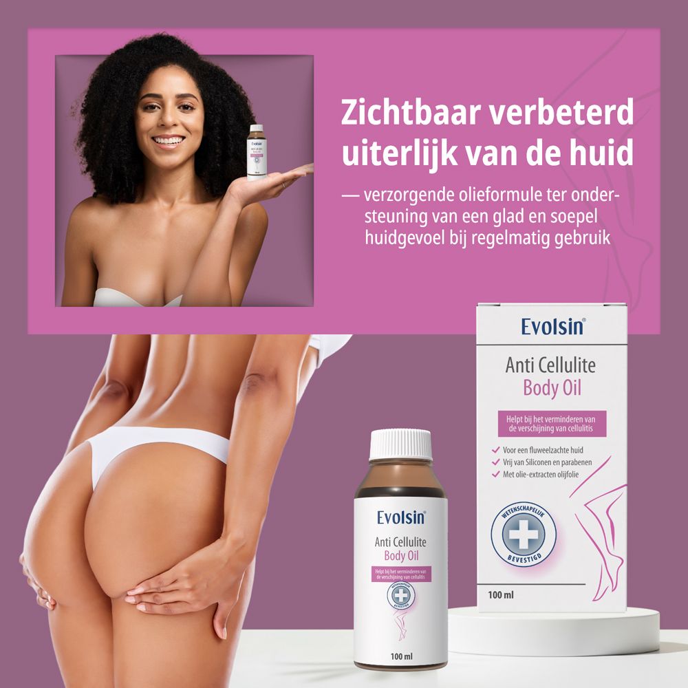 Evolsin Anti Cellulite Body Oil fles en doos. Toont een vrouw die het product vasthoudt en een vrouw met focus op de billen.