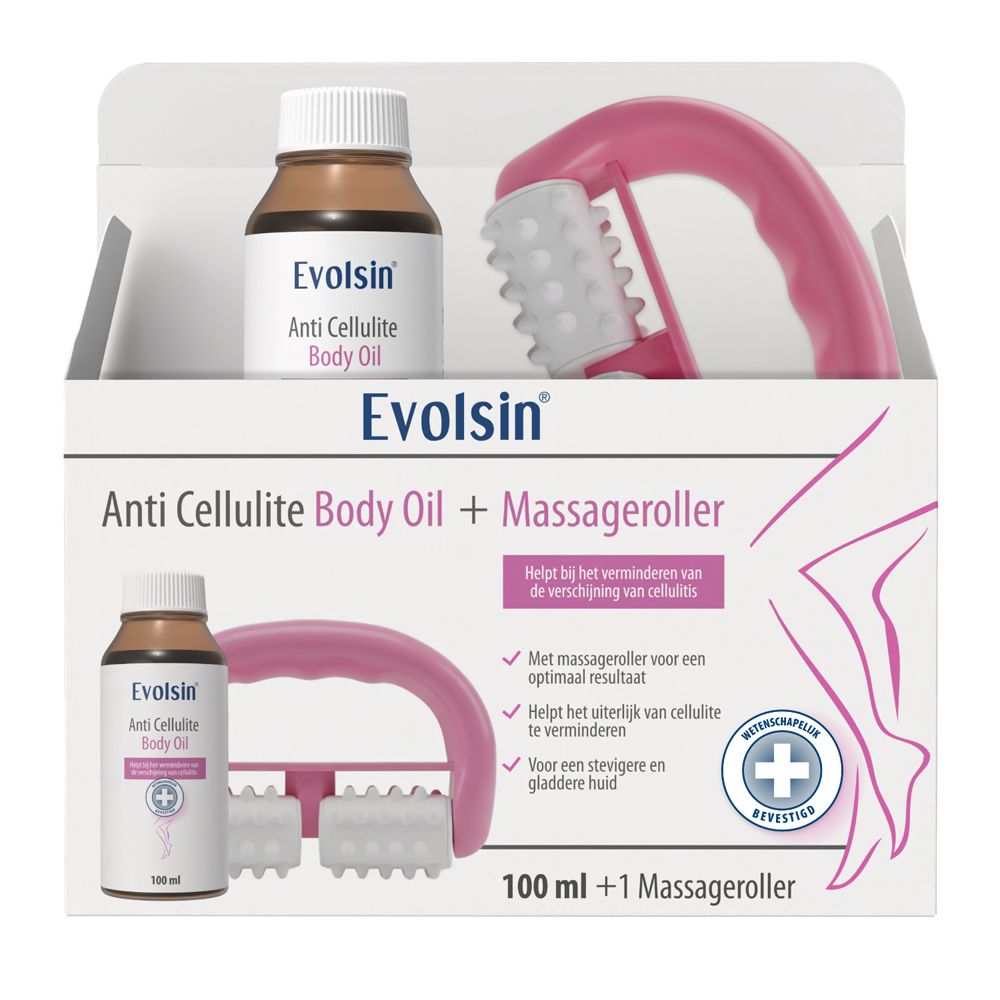 Fles anti-cellulite olie en massage roller met noppen.