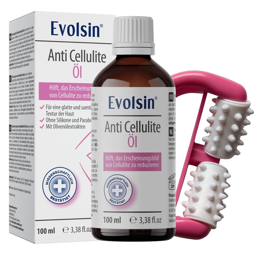 Bruine fles en roze roller. Opschrift: Anti Cellulite Öl. Met verpakking.