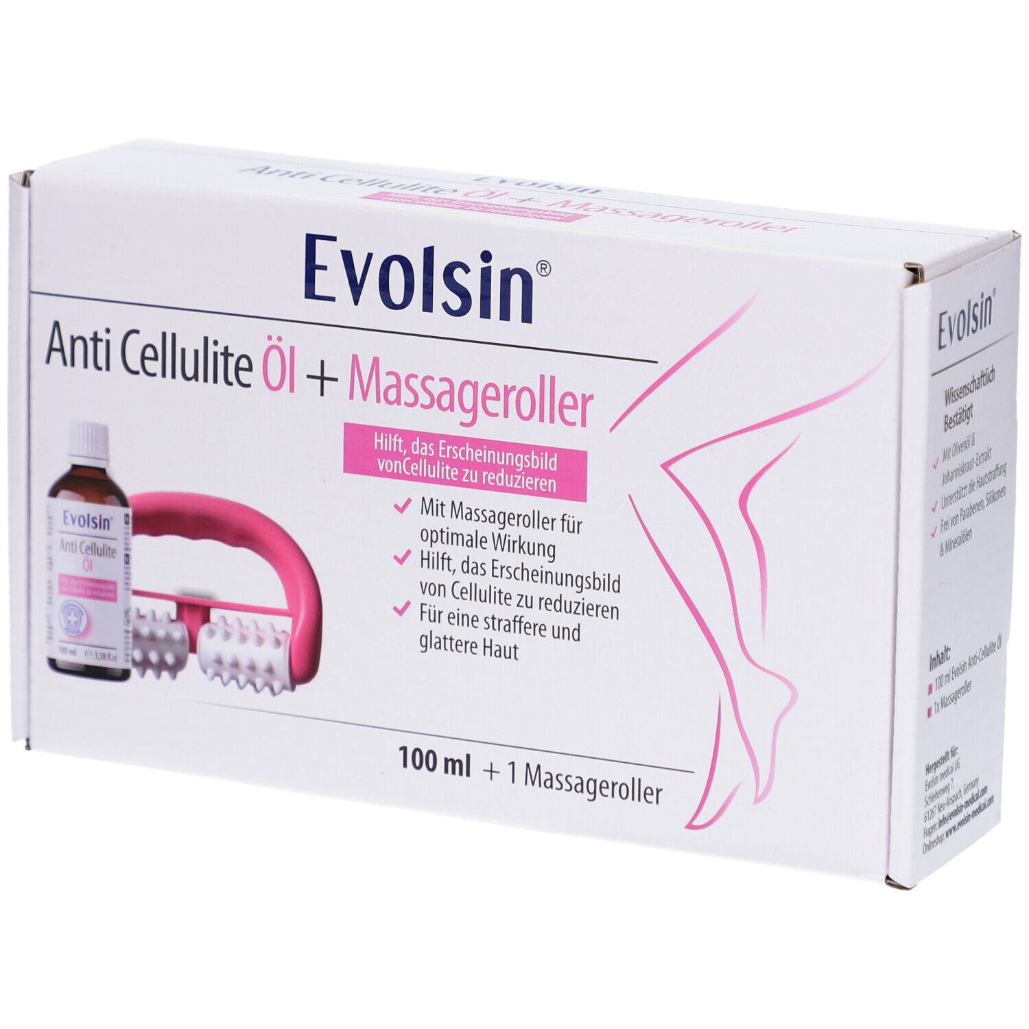 Emballage du set d'huile anti-cellulite avec flacon et rouleau de massage.
