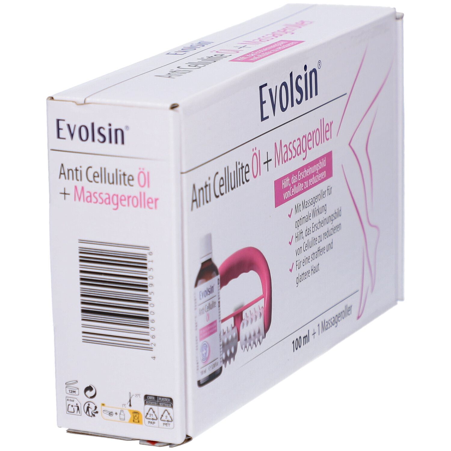Vue latérale de l'emballage du set d'huile anti-cellulite avec illustrations du produit.