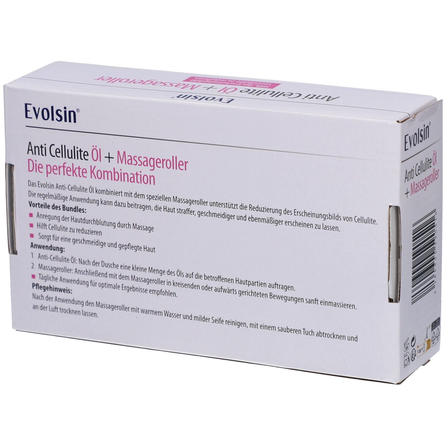 Arrière de l'emballage du set d'huile anti-cellulite avec instructions d'application.
