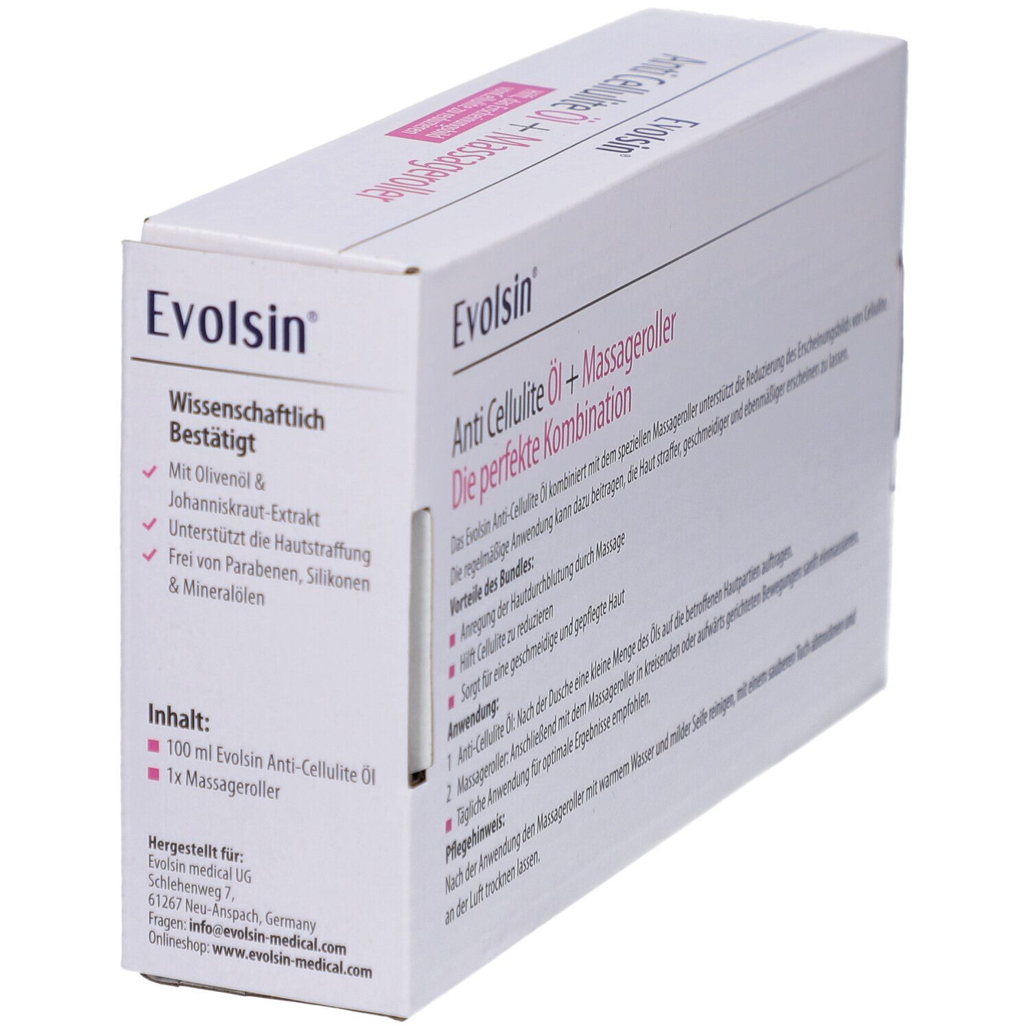 Vue latérale de l'emballage du set d'huile anti-cellulite avec illustrations du produit et texte.