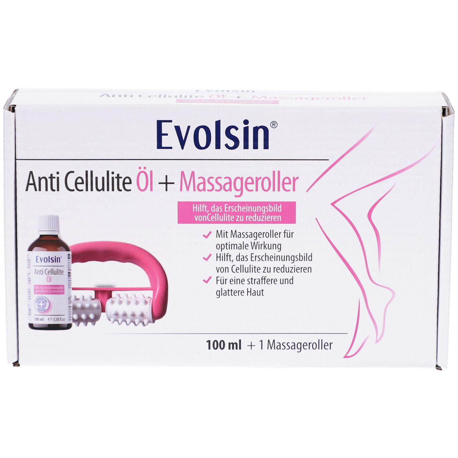 Face avant de l'emballage du set d'huile anti-cellulite avec flacon, rouleau et illustration de jambe.