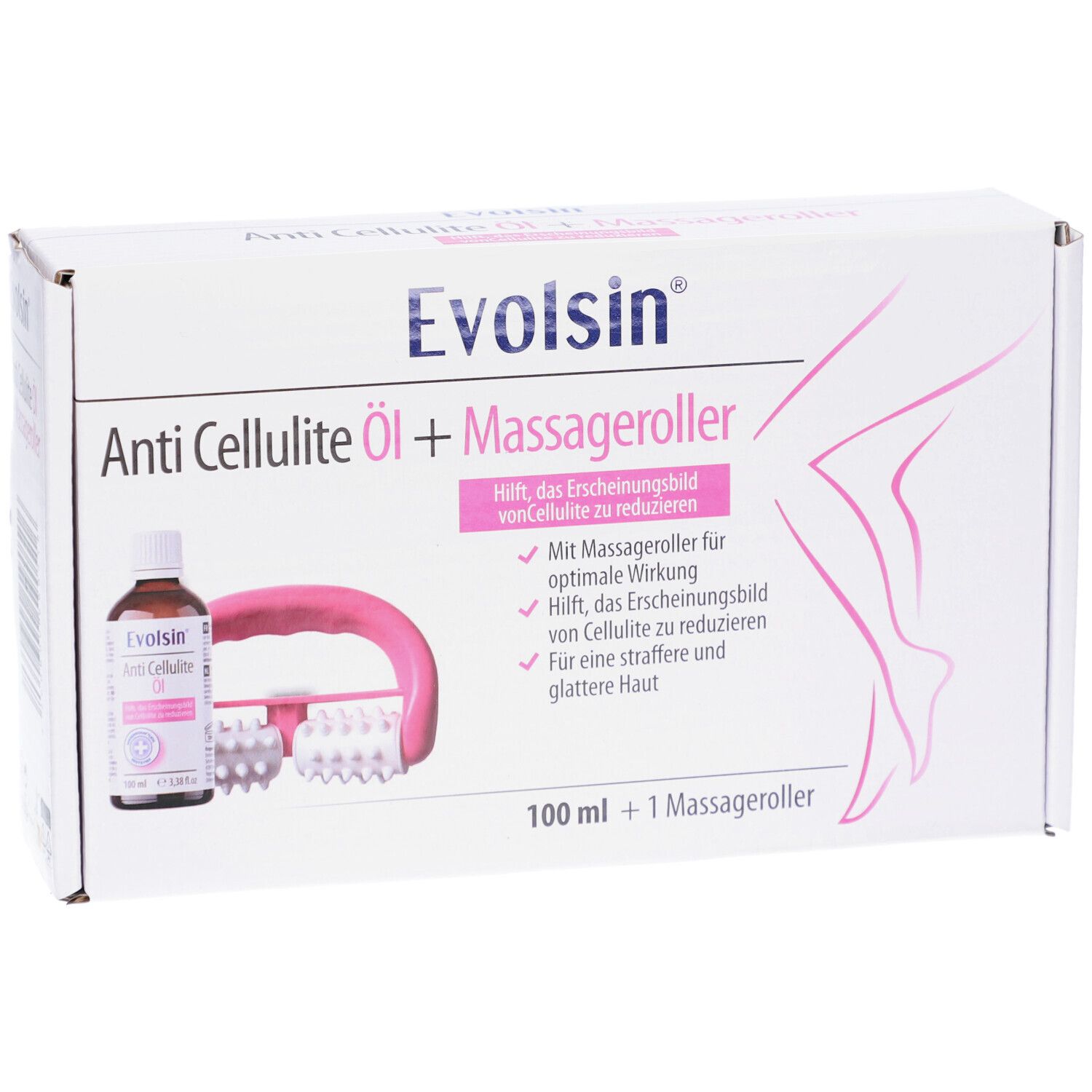 Face avant de l'emballage du set d'huile anti-cellulite avec flacon, rouleau et illustration de jambe.