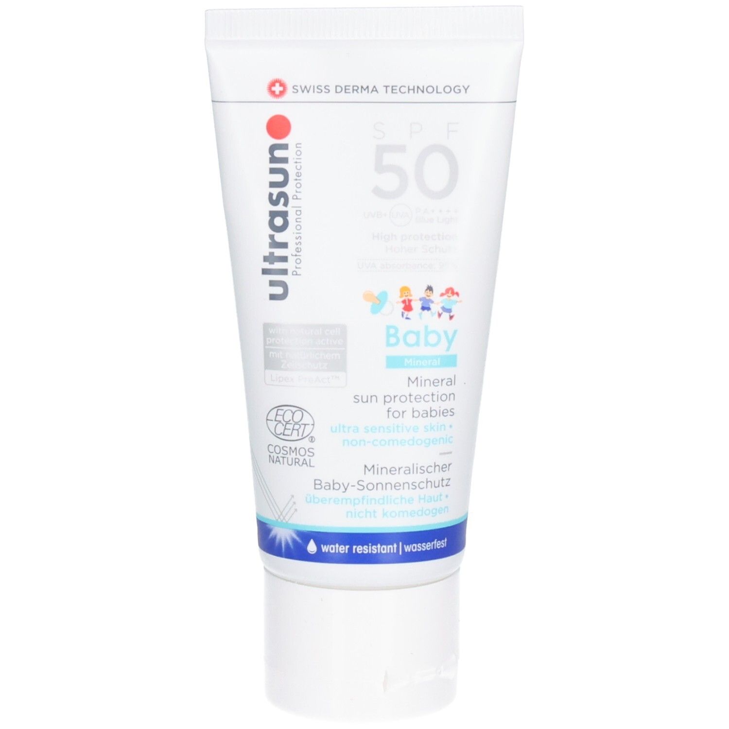 Witte tube met SPF 50. Opschrift: ultrasun, Baby, Mineral, zonnebescherming. COSMOS NATURAL-certificering.