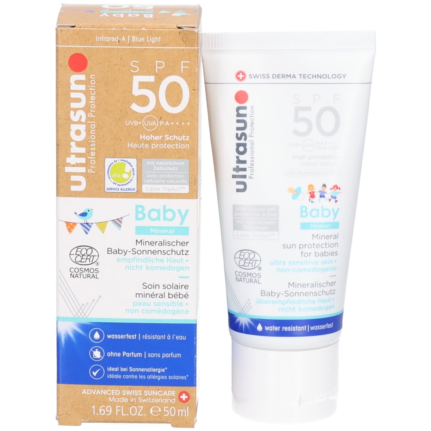 Productverpakking met tube en doos. Opschrift: ultrasun, Baby, SPF 50. COSMOS NATURAL-certificering.