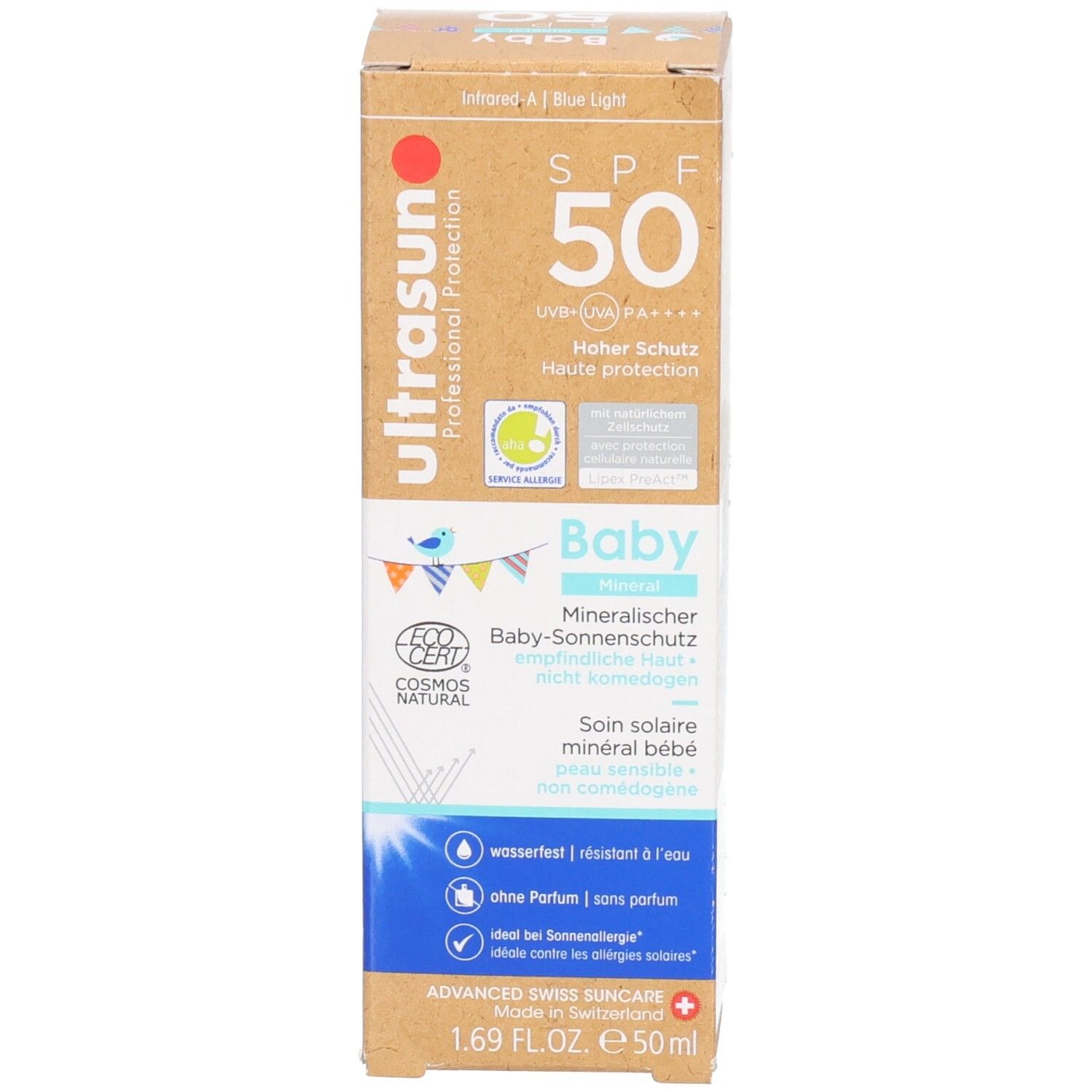 Kartonnen verpakking. Opschrift: ultrasun, Baby, SPF 50. COSMOS NATURAL-certificering. Ingrediënten en tekst.