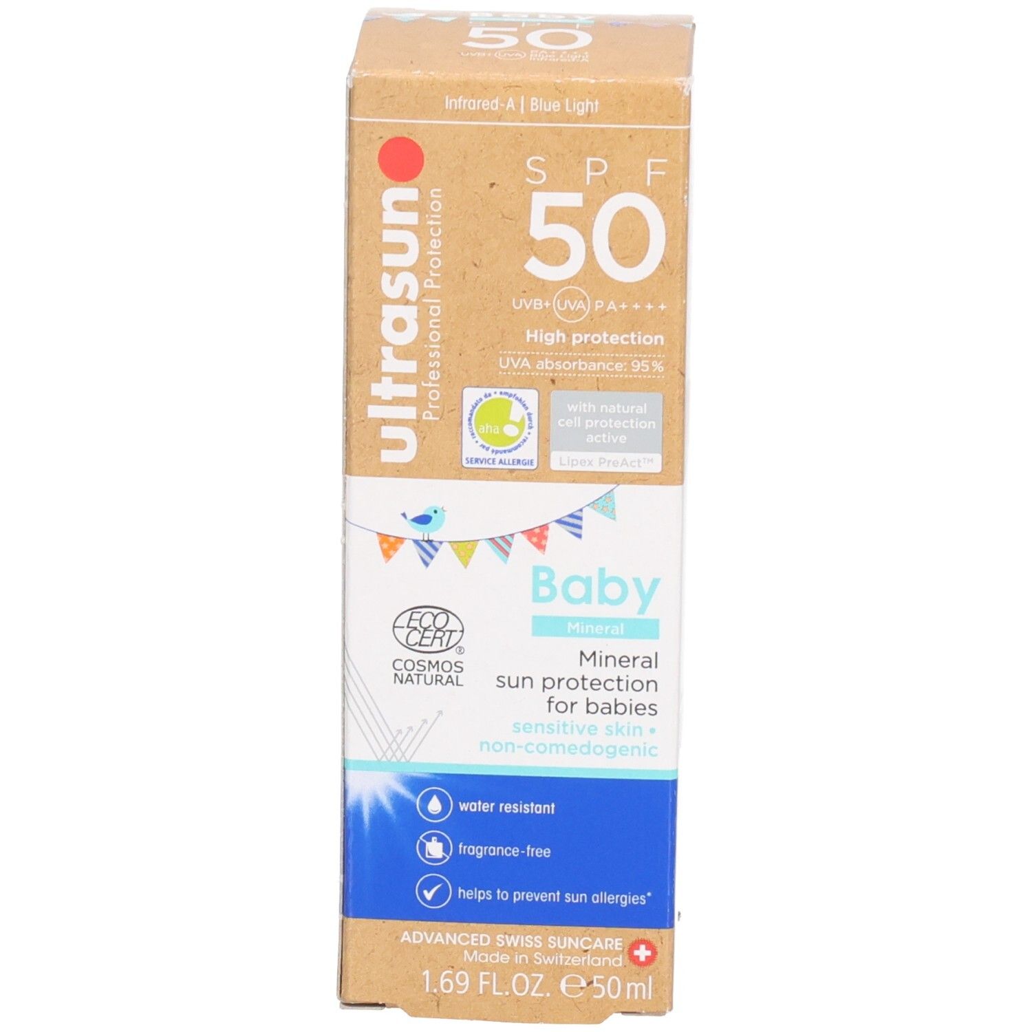Kartonnen verpakking. Opschrift: ultrasun, Baby, SPF 50. Certificeringen en productinformatie.