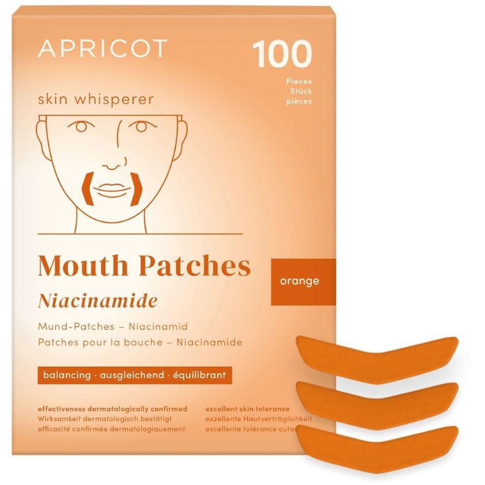 APRICOT Mouth Patches Niacinamide: Doos met 100 stuks en drie oranje patches.