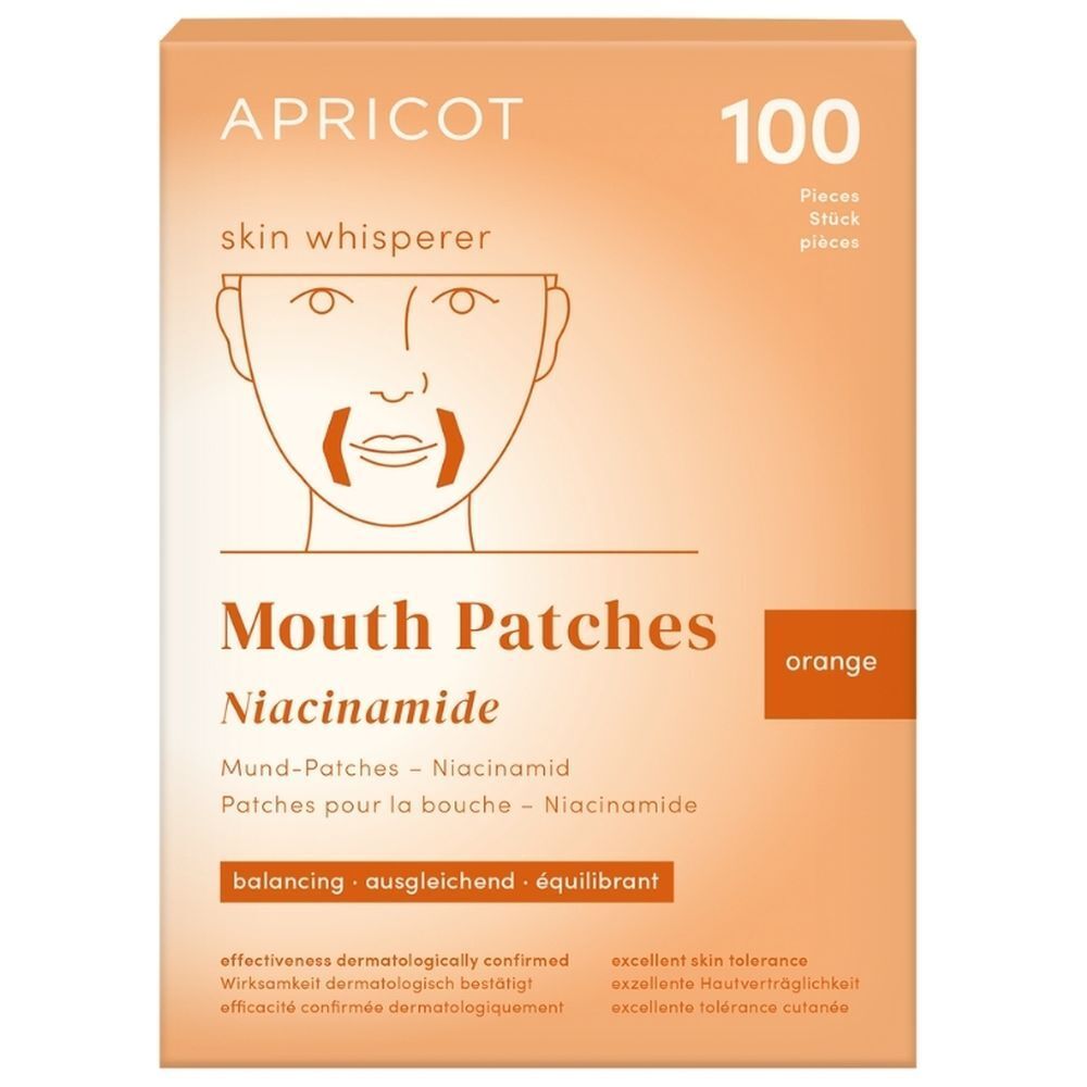 APRICOT Mouth Patches Niacinamide: Voorkant van de doos met 100 stuks en schematische weergave.