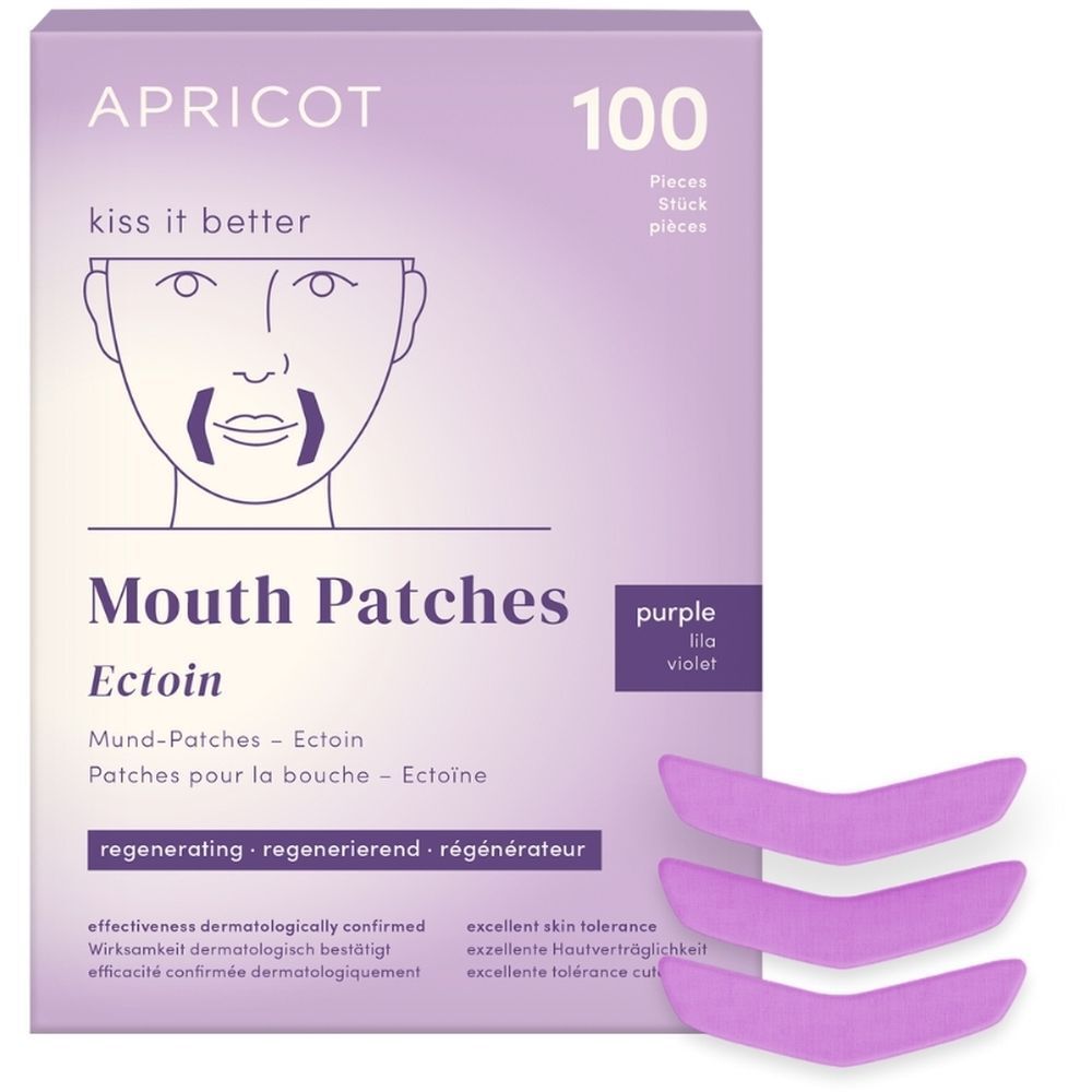 APRICOT Mouth Patches avec Ectoin. Boîte violette avec 100 patchs. Trois patchs violets à côté.
