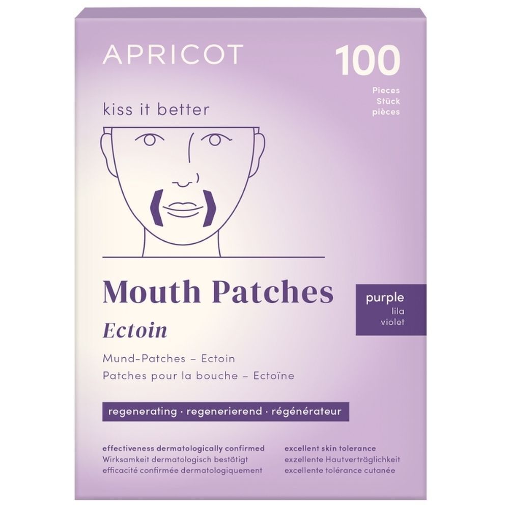 APRICOT Mouth Patches avec Ectoin. Boîte violette avec 100 patchs. Inscription : Mouth Patches Ectoin.
