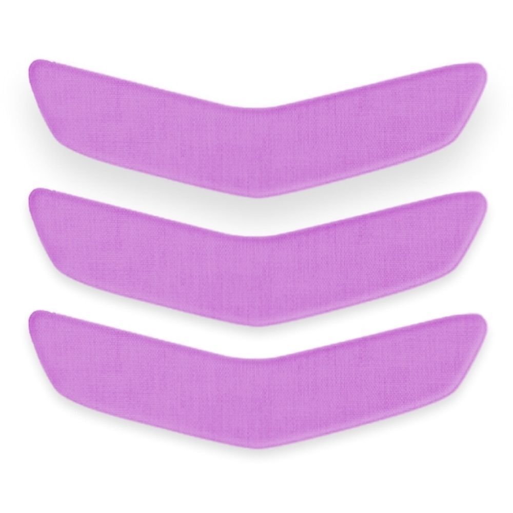Trois patchs buccaux violets en forme de V. Sur fond blanc.