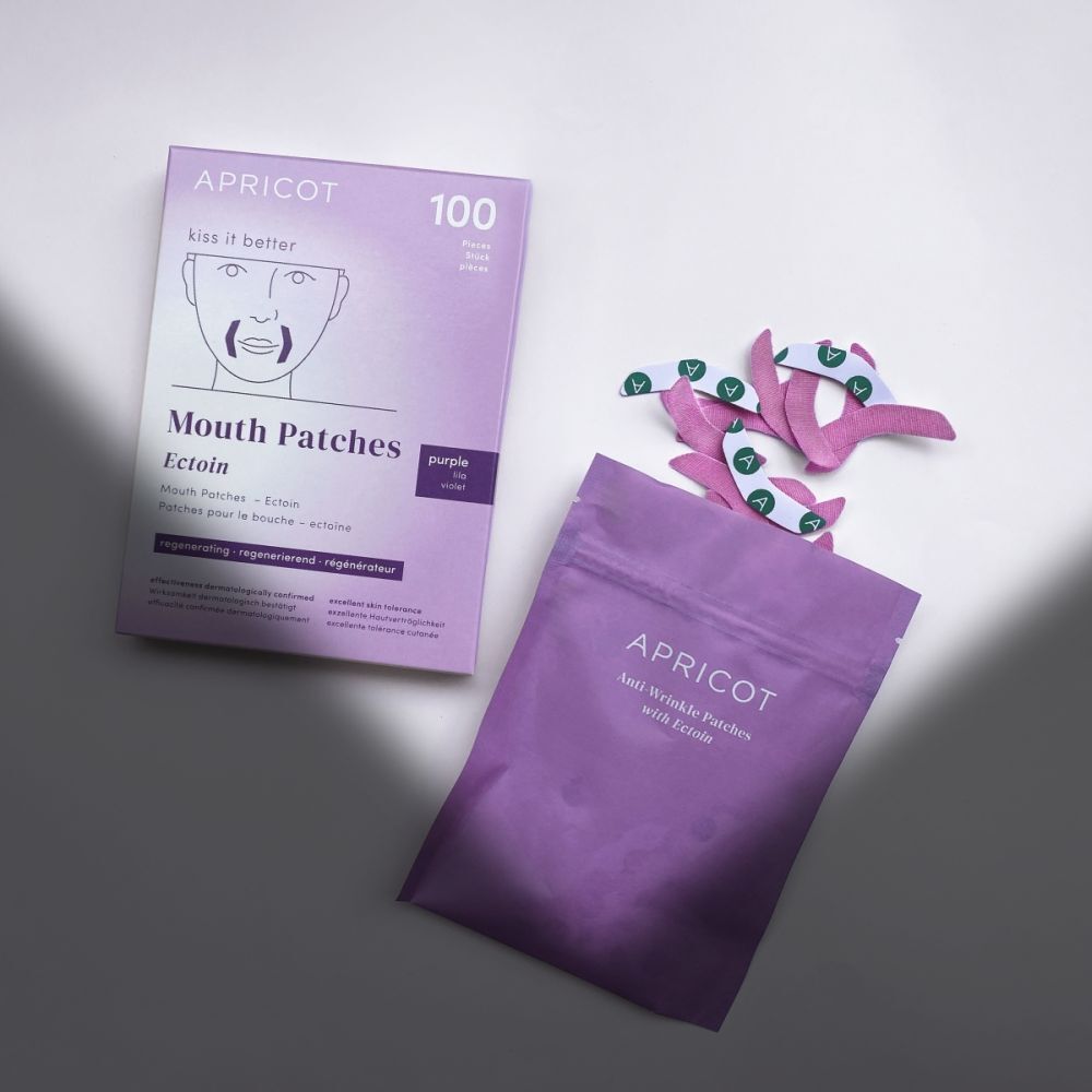 APRICOT Mouth Patches avec Ectoin. Emballage et sachet de patchs. Inscription : Anti-Wrinkle Patches.