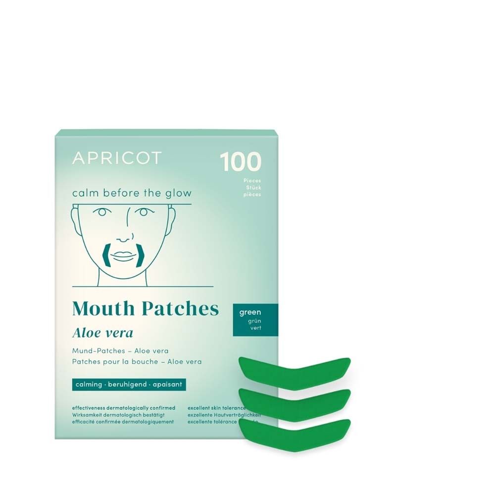 Boîte de patchs buccaux APRICOT à l'aloe vera. 100 pièces. Vert. Inscription : Mouth Patches, Aloe Vera.