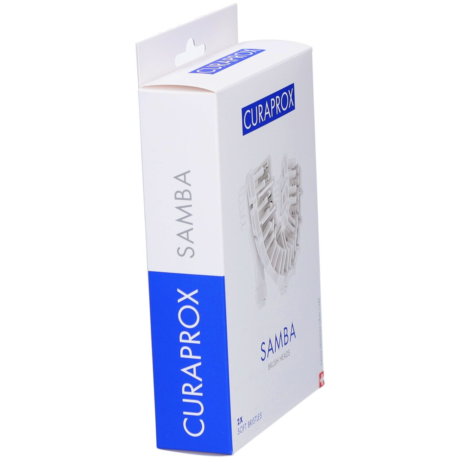 Emballage de têtes de brosse de remplacement. Inscriptions : CURAPROX, SAMBA, 2x Soft Bristles.