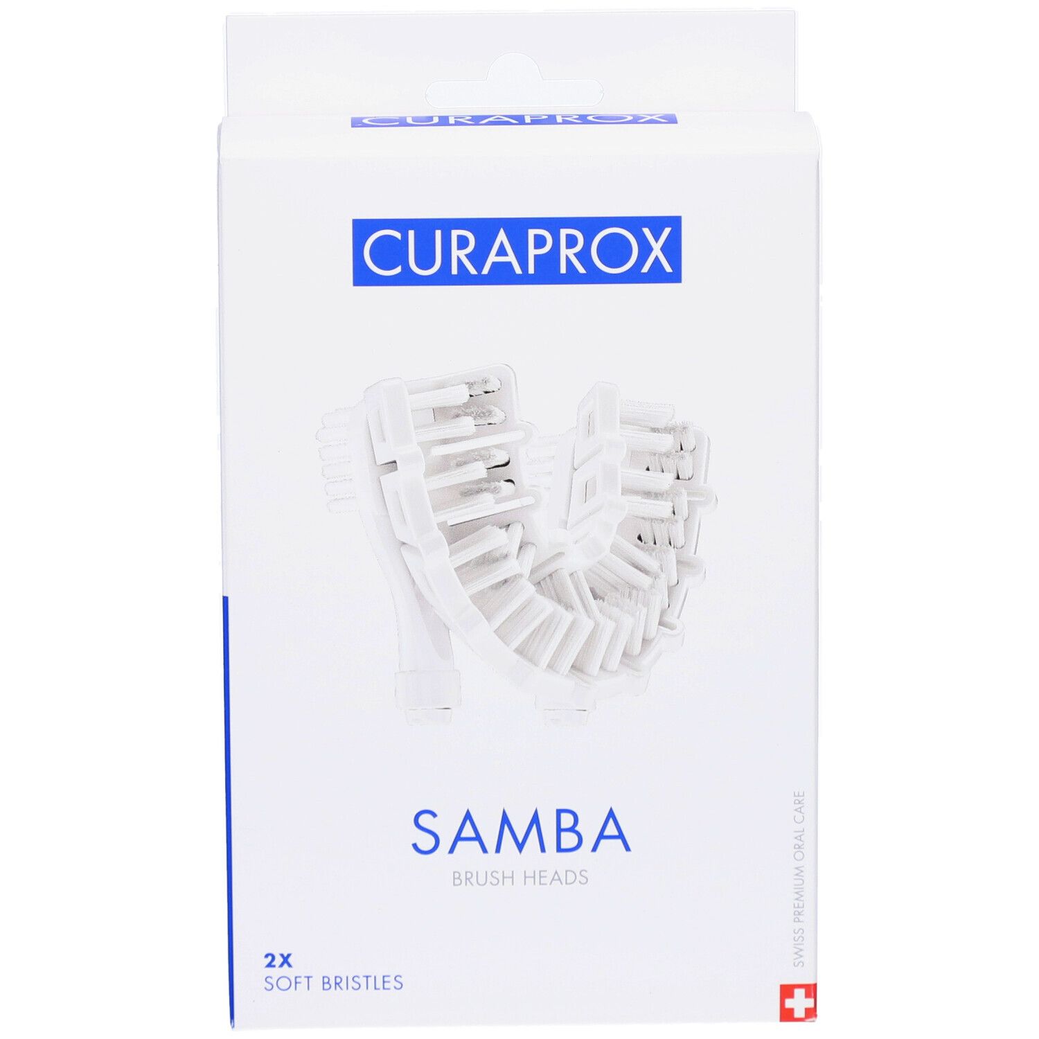 Emballage de têtes de brosse de remplacement. Inscriptions : CURAPROX, SAMBA, 2x Soft Bristles.