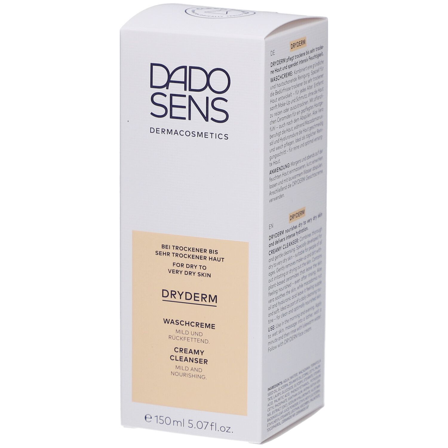 Witte doos met DADOSENS-logo en DRYDERM-opdruk. Tekst: Voor droge tot zeer droge huid. 150ml.