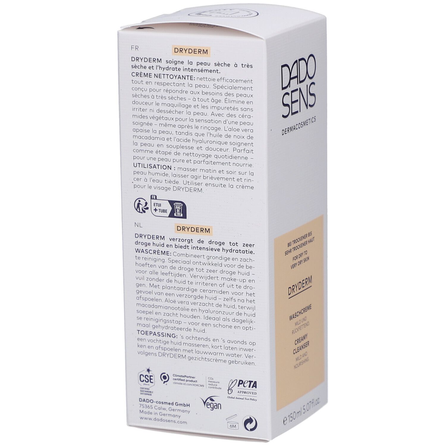 Achterkant van de witte DRYDERM-verpakking. Teksten in het Duits, Engels, Frans en Nederlands. Vegan-keurmerk.
