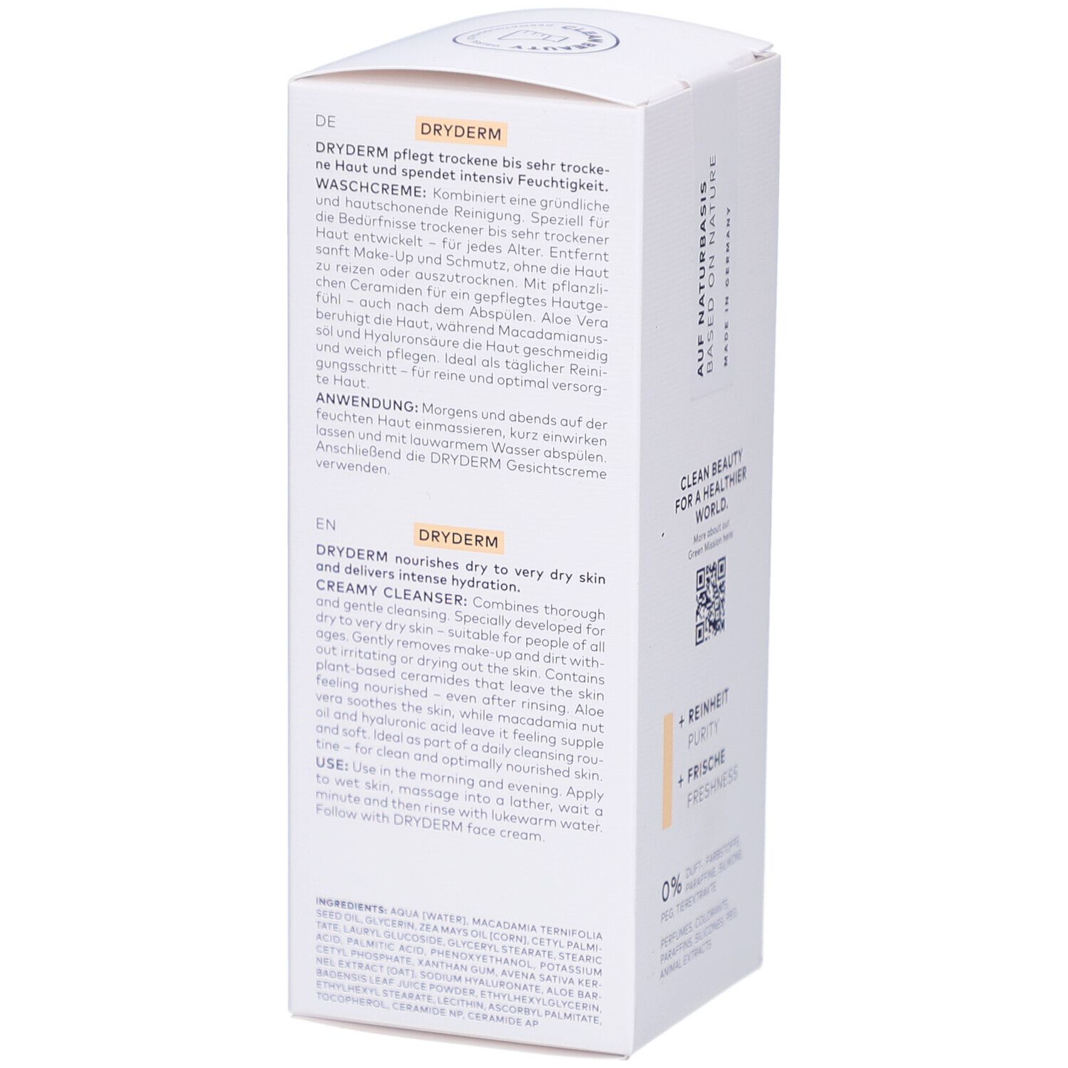 Witte verpakking met teksten in het Duits en Engels. DRYDERM Waschcreme. 0% geur-, kleur-, paraffine-, siliconenoliën.