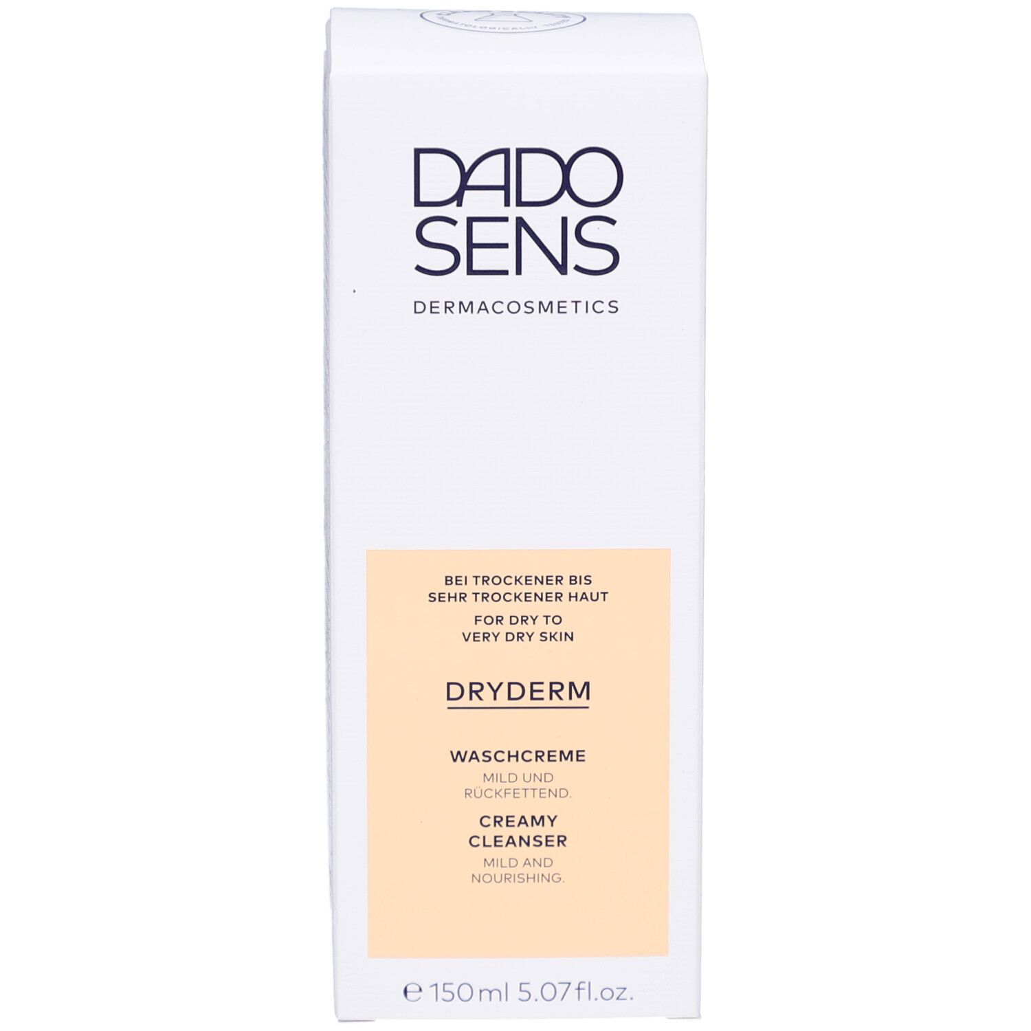 Witte verpakking met DADOSENS-logo en DRYDERM-opdruk. Tekst: Voor droge tot zeer droge huid. 150ml.