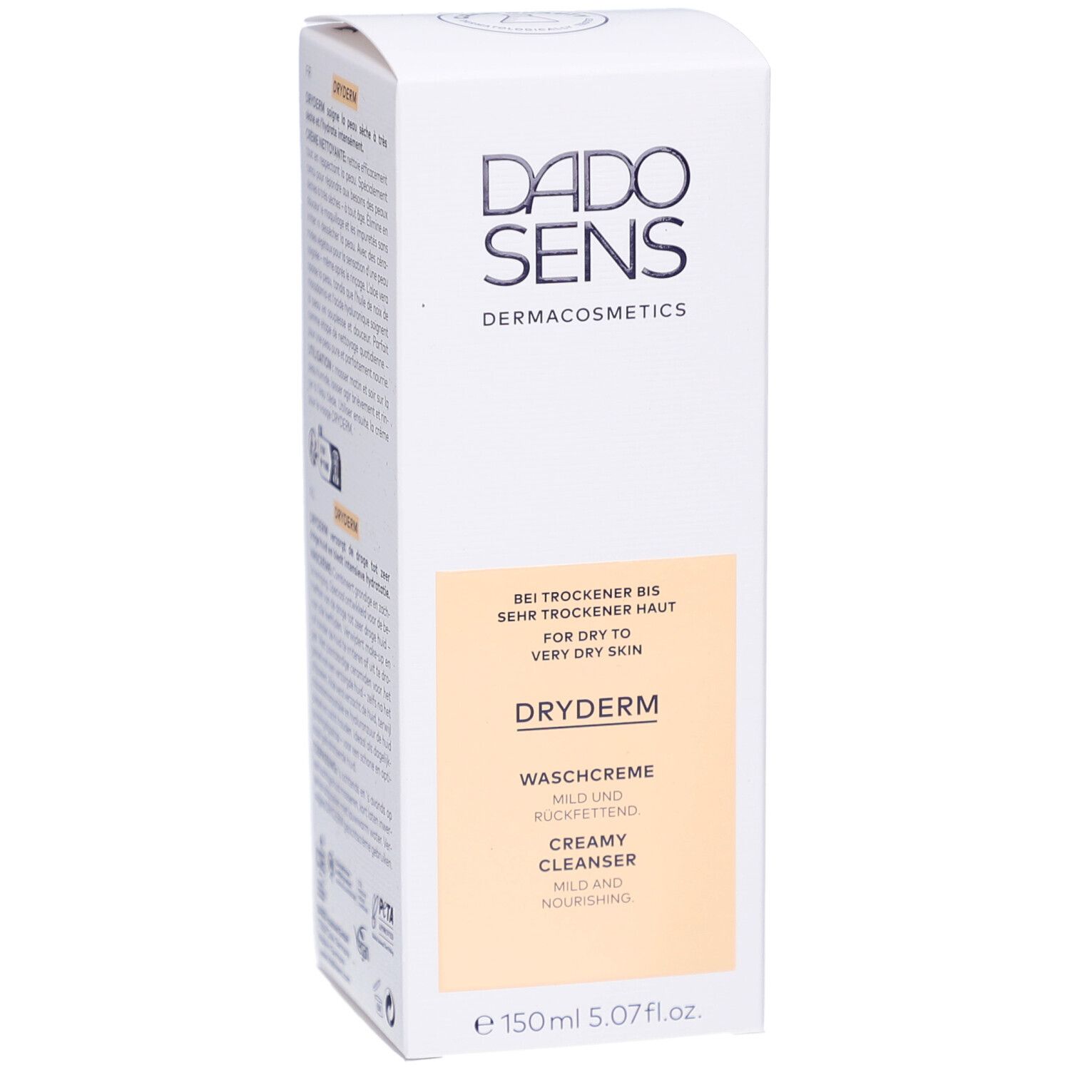Witte verpakking met DADOSENS-logo en DRYDERM-opdruk. Tekst: Voor droge tot zeer droge huid. 150ml.