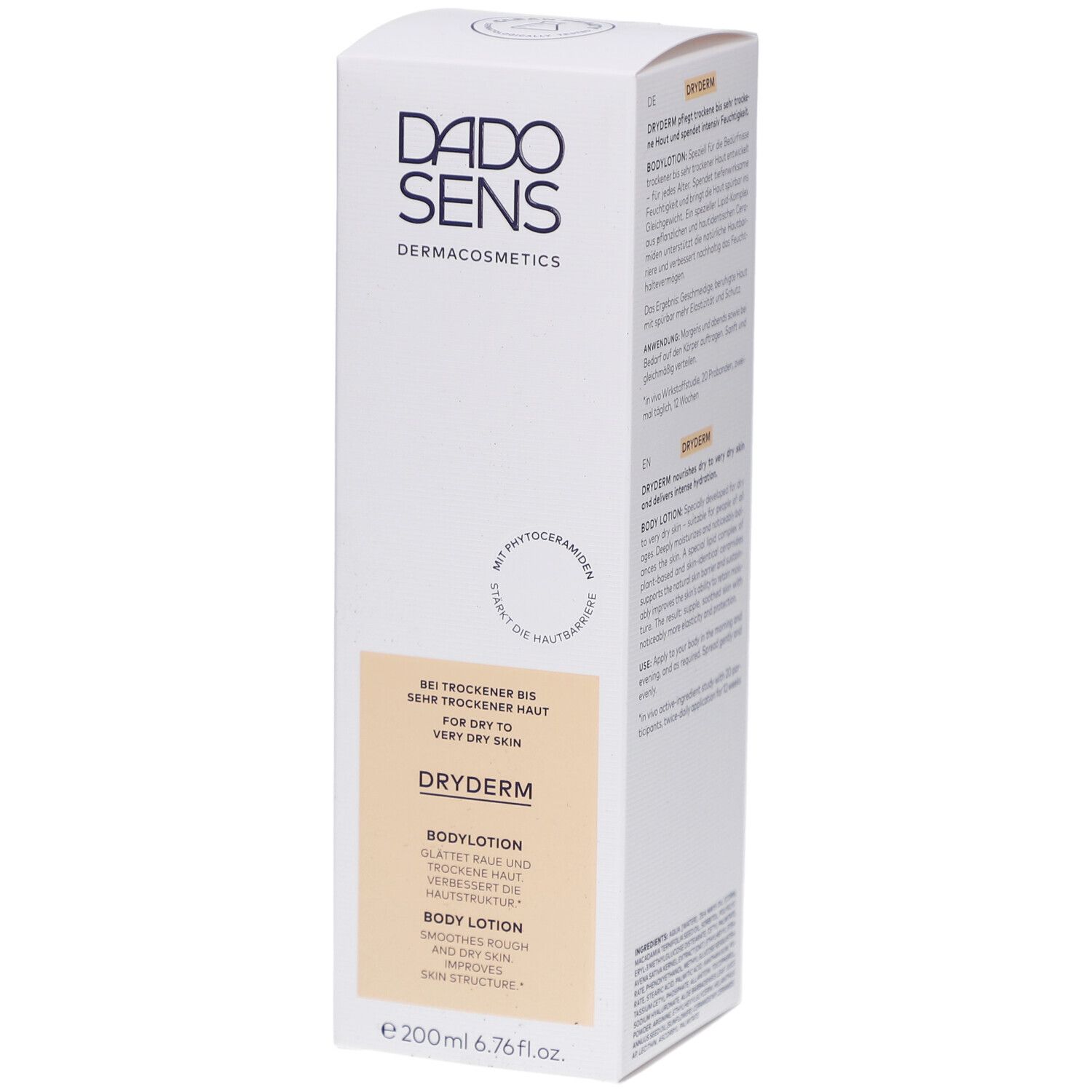 Verpakking van DADOSENS DRYDERM Bodylotion. Witte doos met productinfo en logo. Opschrift: DRYDERM, Bodylotion.
