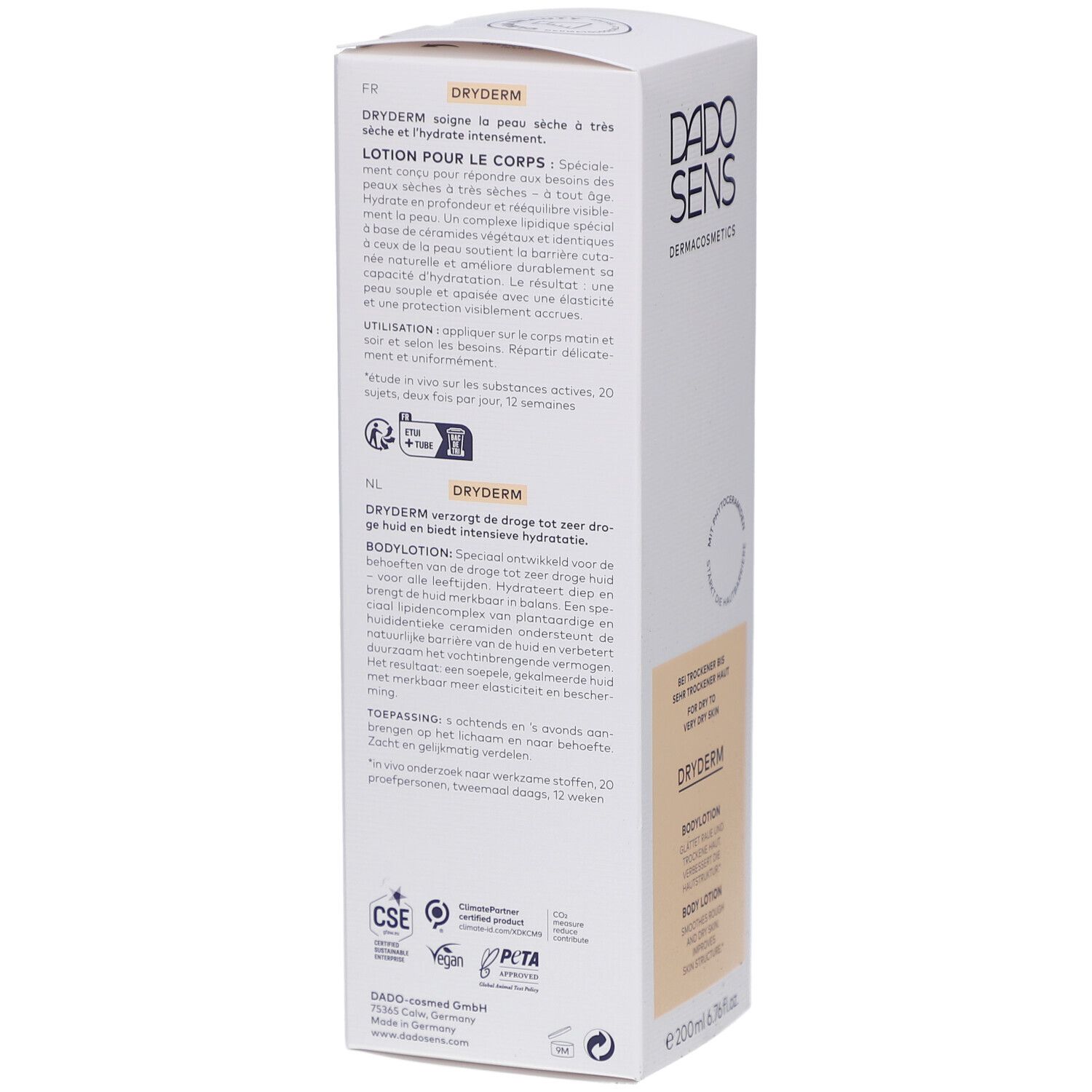 Achterkant van de verpakking van DADOSENS DRYDERM Bodylotion. Tekst in meerdere talen. Certificeringslogo's.