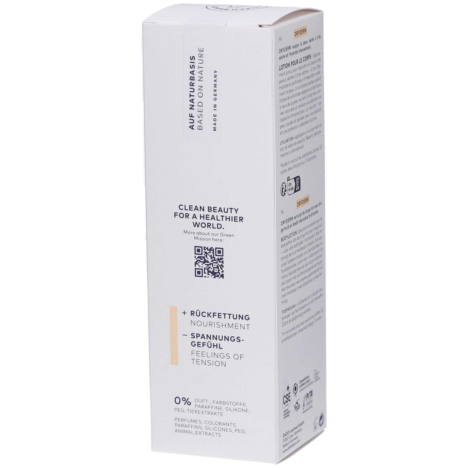 Zijkant van de verpakking van DADOSENS DRYDERM Bodylotion. Tekst: Clean Beauty for a Healthier World. QR-code.