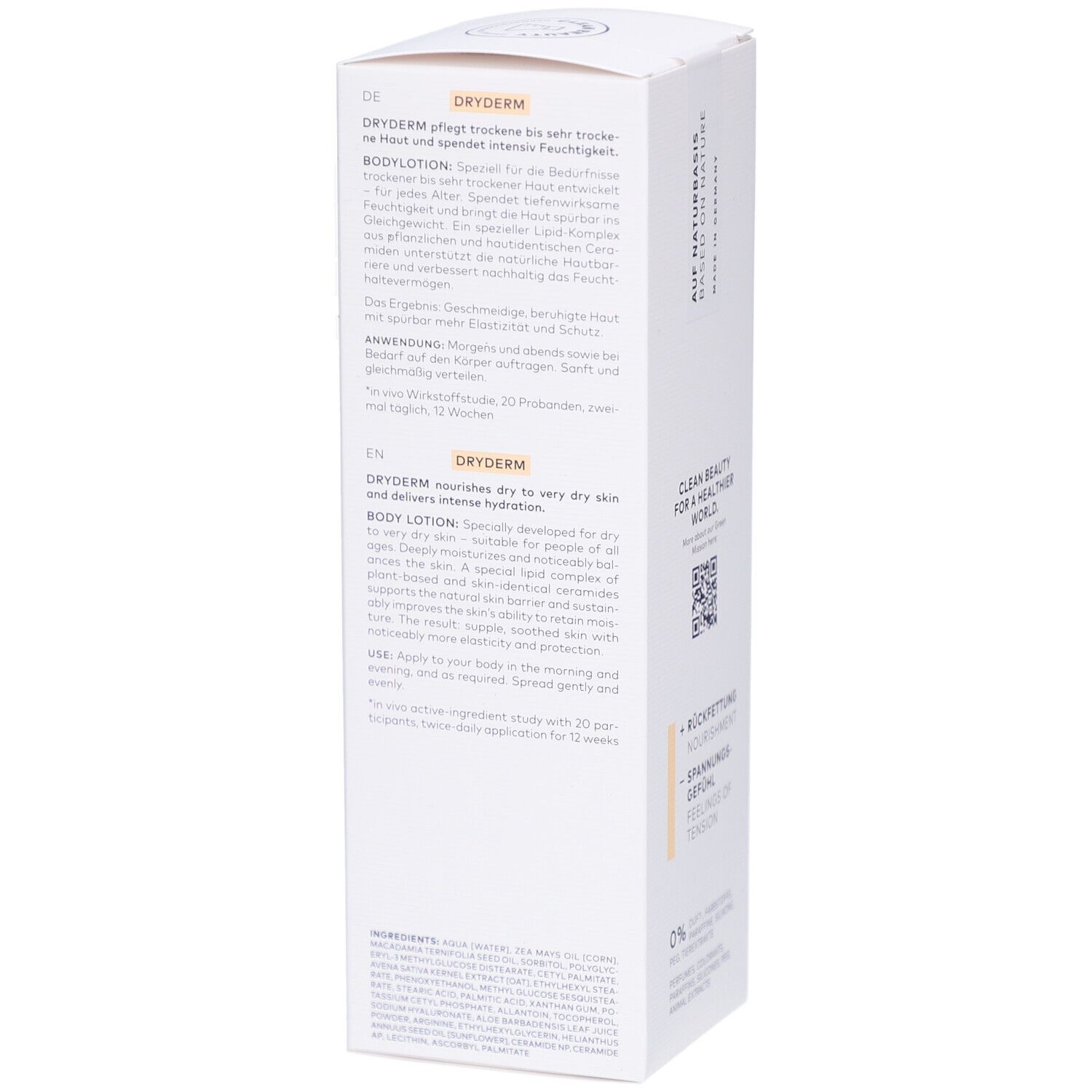 Zijkant van de verpakking van DADOSENS DRYDERM Bodylotion. Tekst in meerdere talen. Productinformatie.