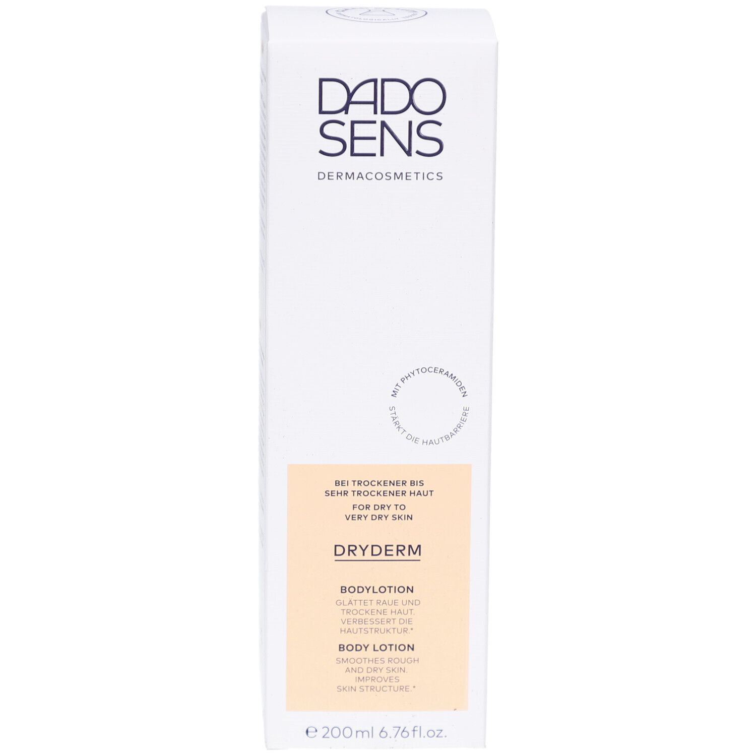 Voorkant van de verpakking van DADOSENS DRYDERM Bodylotion. Witte doos met productinfo en logo.