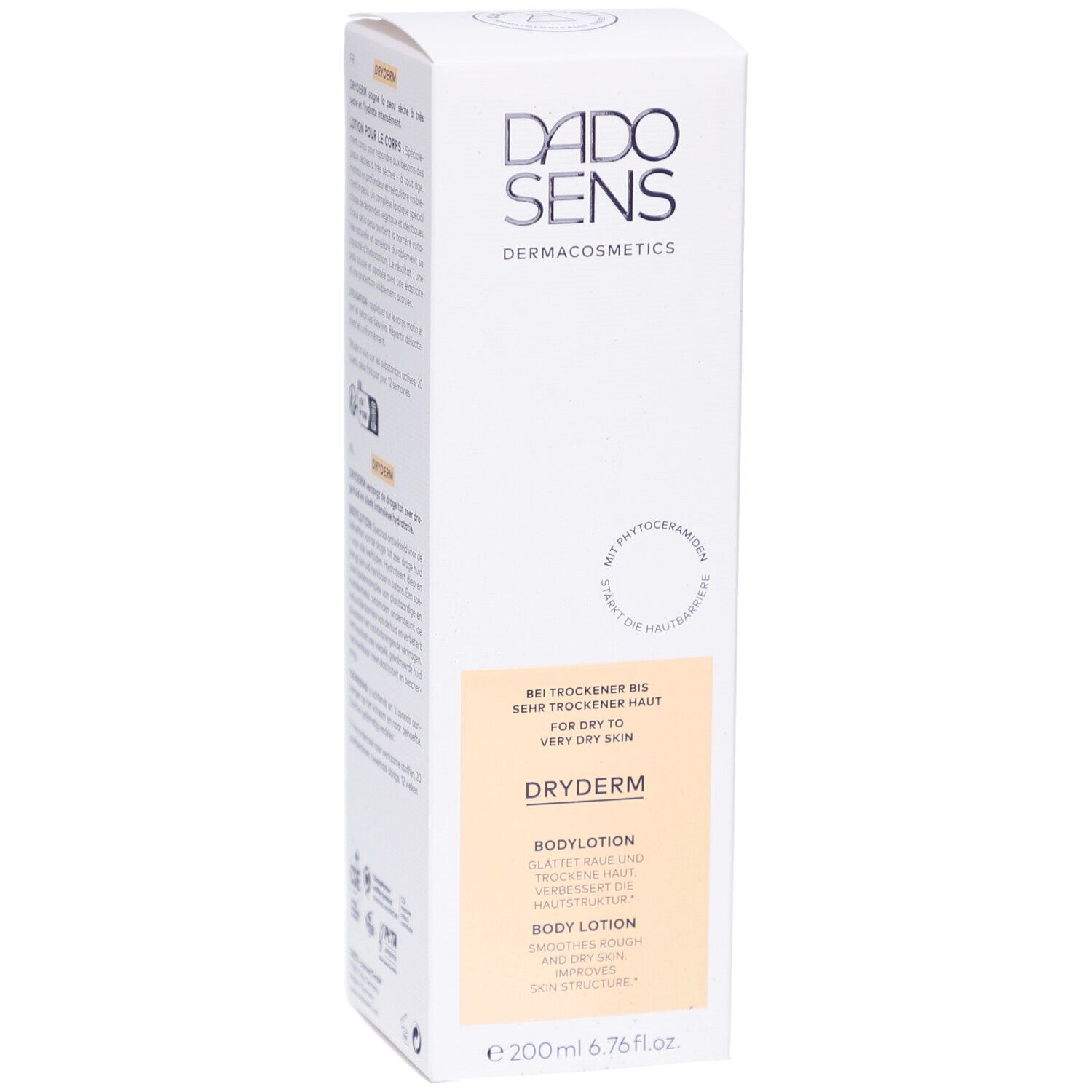 Verpakking van DADOSENS DRYDERM Bodylotion. Witte doos met productinfo en logo. Opschrift: DRYDERM, Bodylotion.