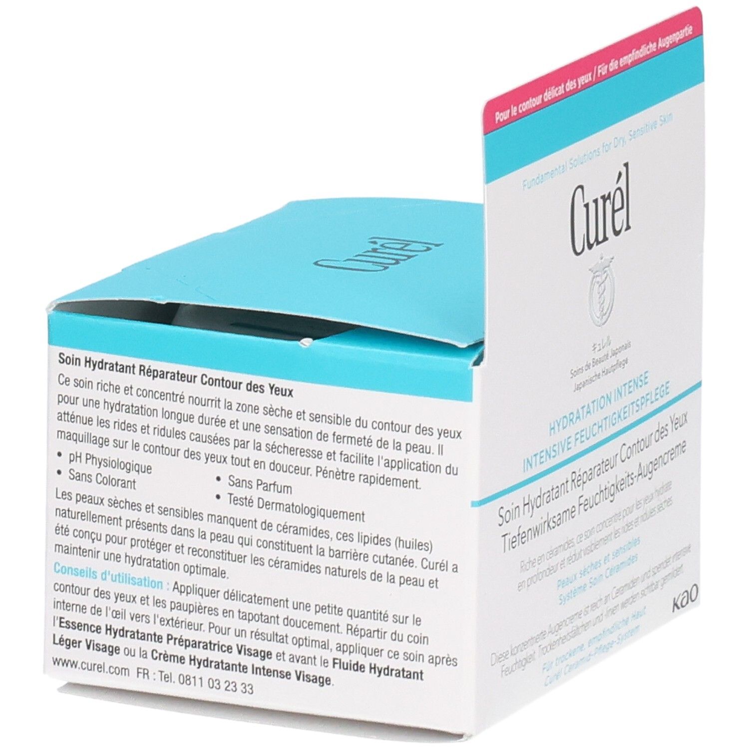 Curél oogcrème verpakking, gedeeltelijk geopend. Witte doos met blauwe binnenkant. Tekst: Soin Hydratant Réparateur Contour des Yeux. pH neutraal.