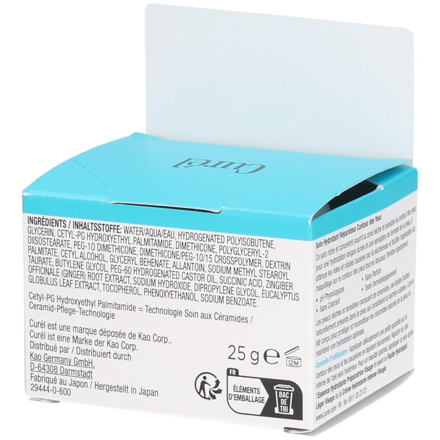 Achterkant van de Curél oogcrème verpakking. Tekst: Ingrediënten, 25 g. Logo voor milieuvriendelijke verpakking. Gemaakt in Japan.