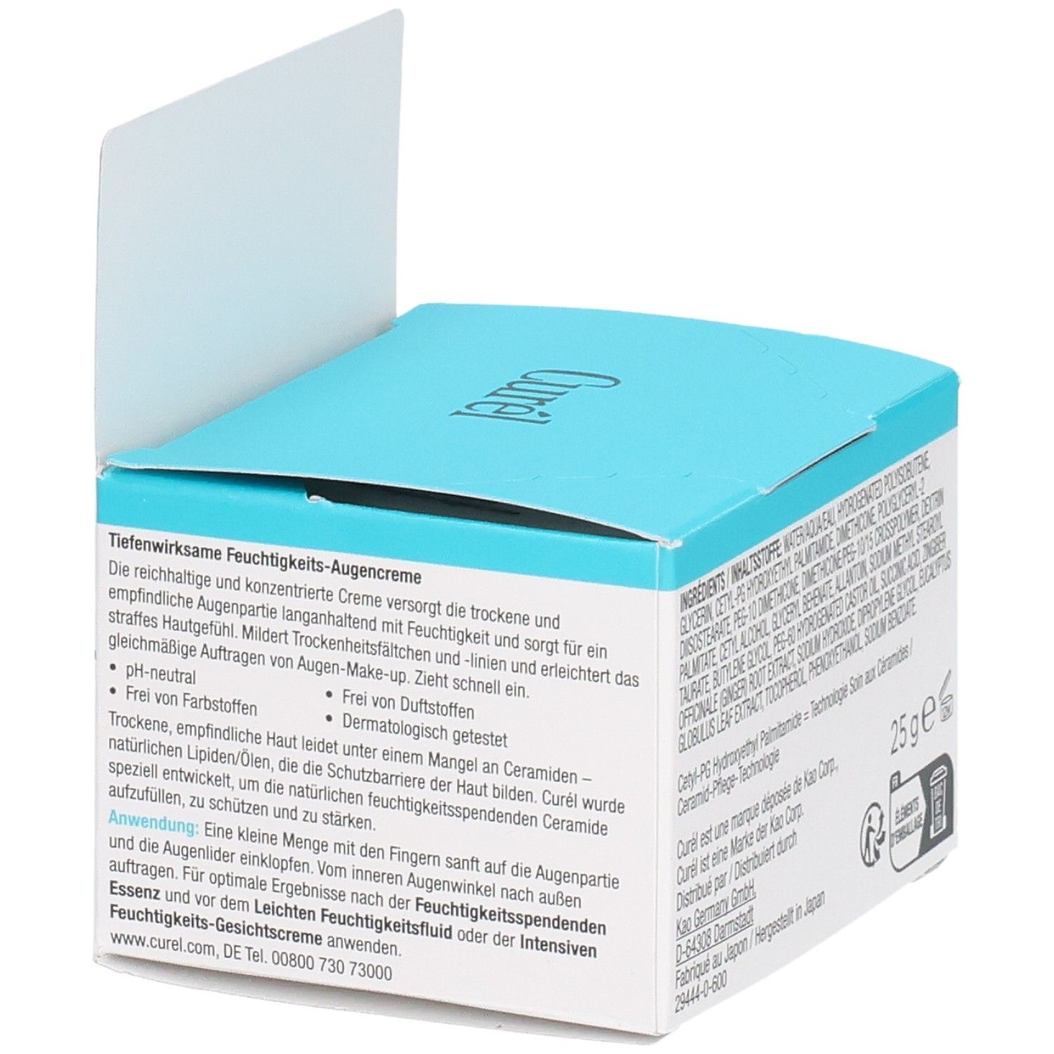 Curél oogcrème verpakking, achterkant. Tekst: Tiefenwirksame Feuchtigkeits-Augencreme, 25 g. pH neutraal. Zonder parfum.