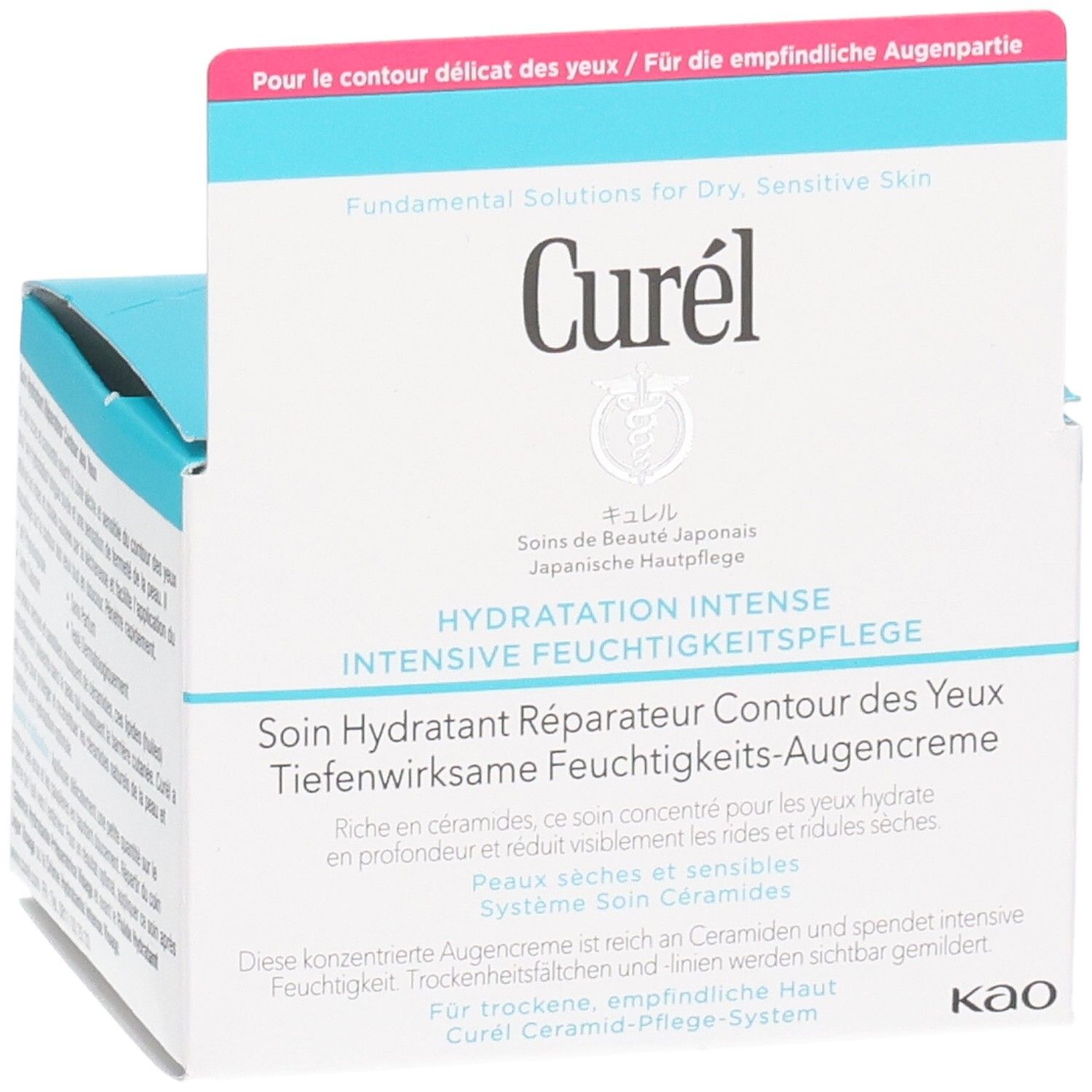 Curél oogcrème verpakking, schuin. Witte doos met blauwe bovenkant. Tekst: Hydratation Intense, Tiefenwirksame Feuchtigkeits-Augencreme. Merk Curél.
