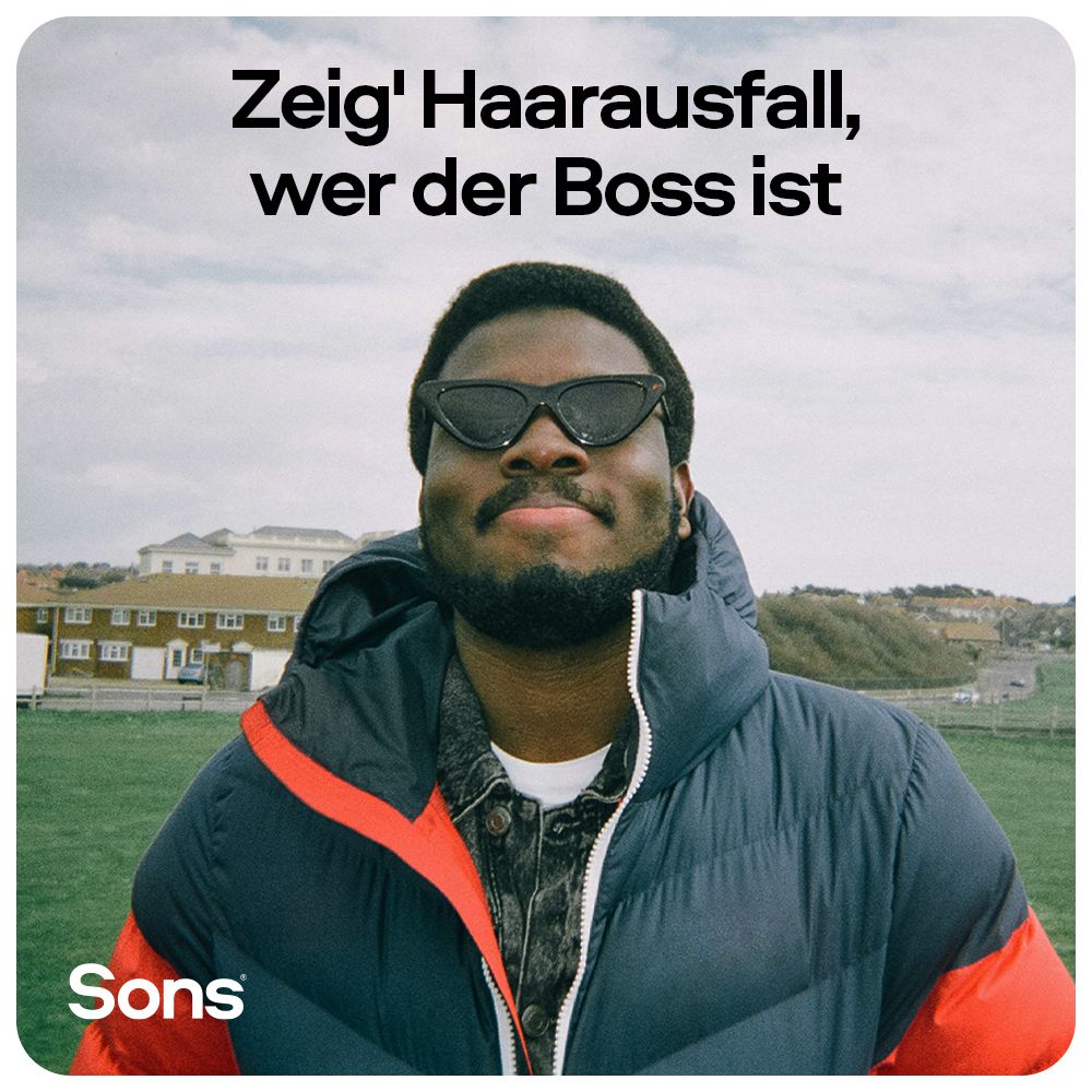 Homme avec des lunettes de soleil. Texte: Montrez qui est le patron de la chute de cheveux. Logo: Sons.