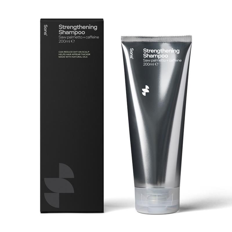 Tube de shampooing fortifiant Sons avec palmier nain et caféine.