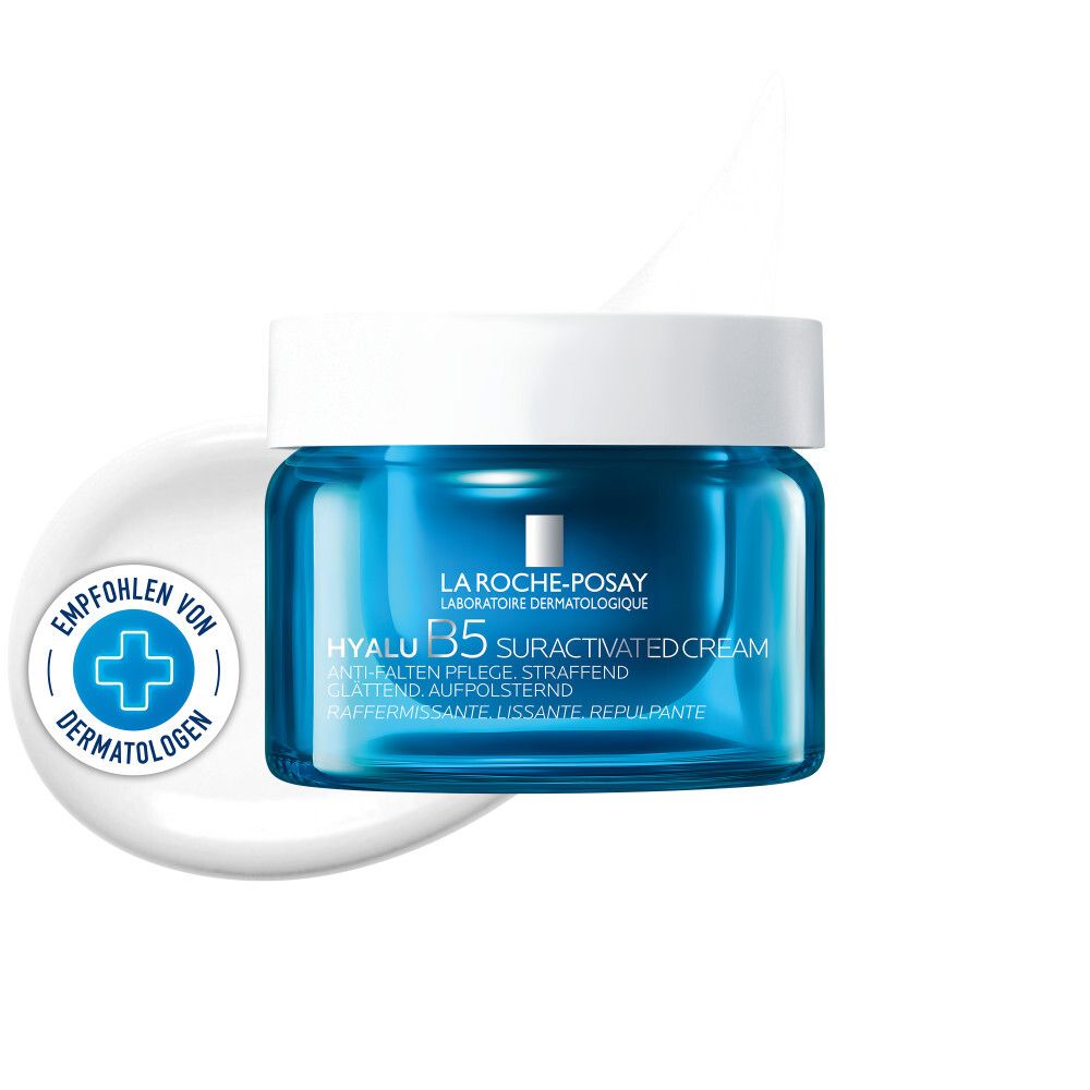 Pot bleu avec couvercle blanc. Inscription : HYALU B5 SURACTIVATED CREAM. Logo La Roche-Posay.