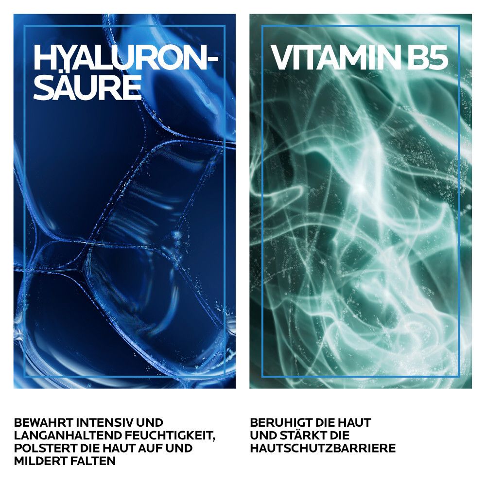 Deux zones de texte : Acide hyaluronique, préserve l'hydratation. Vitamine B5, apaise la peau. Arrière-plans bleus et verts.