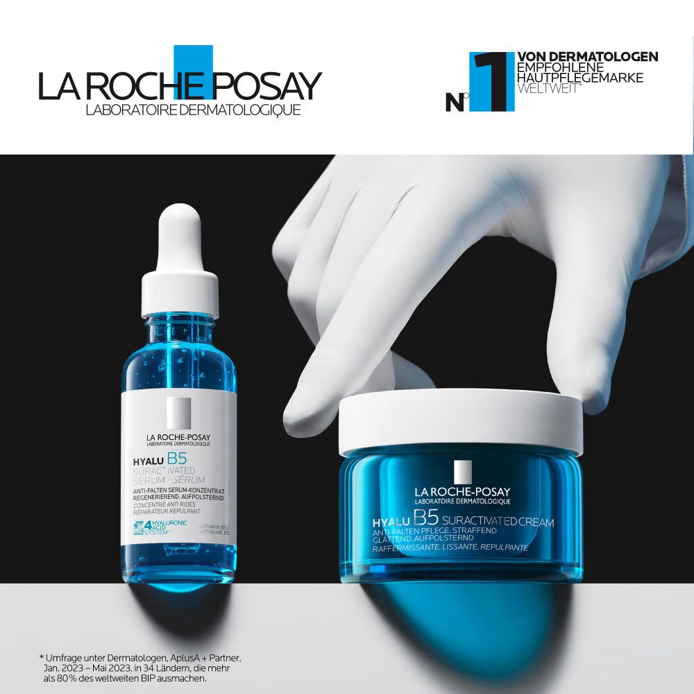 Produits La Roche-Posay : sérum et crème. Logo et texte : HYALU B5. Recommandé par les dermatologues.