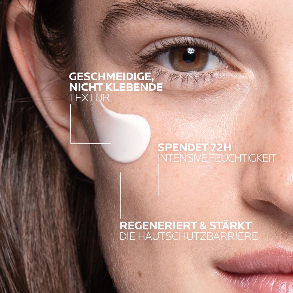 Visage avec crème. Texte : texture souple, hydrate, régénère la barrière cutanée.