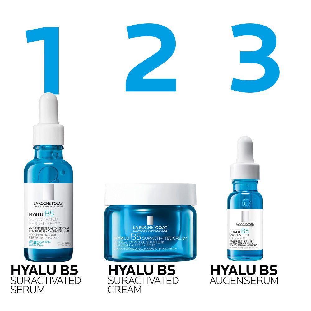 Trois produits : Sérum, Crème et Sérum Yeux HYALU B5. Flacons et pot bleus.