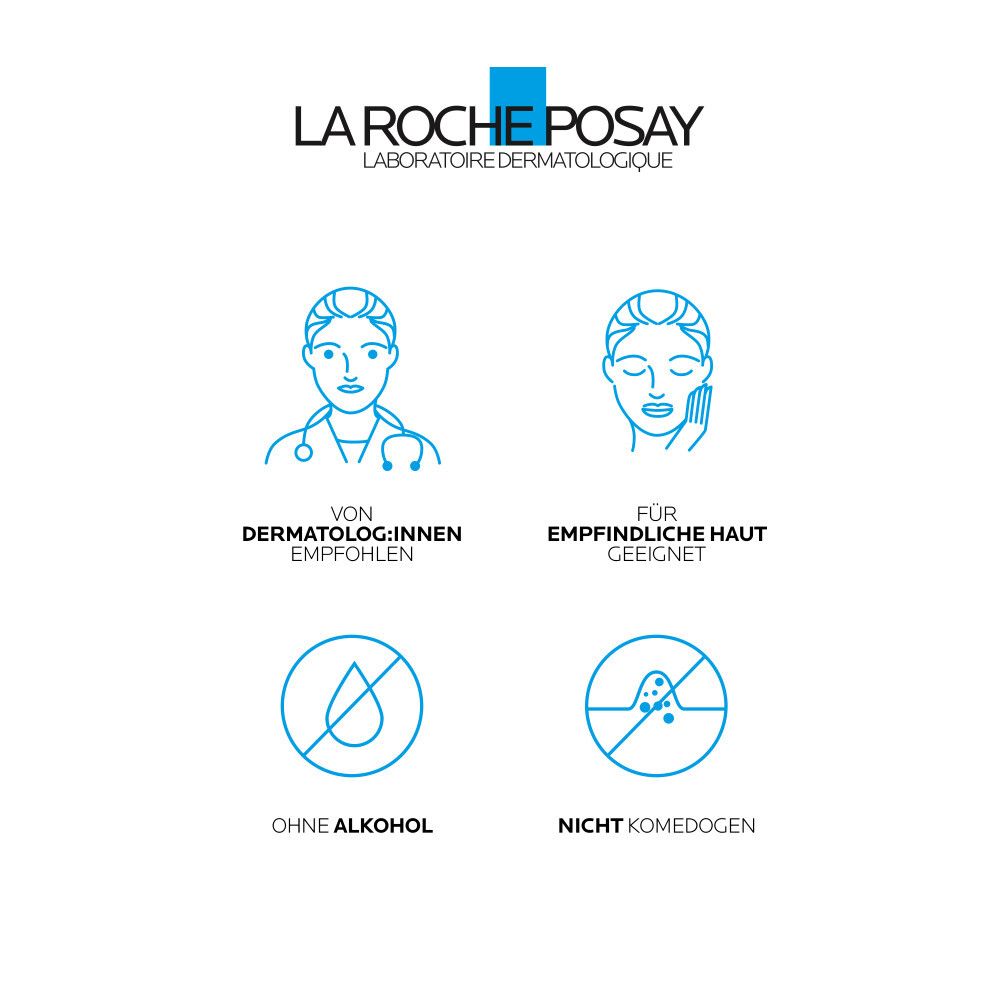 Logo La Roche-Posay. Pictogrammes : Recommandé par les dermatologues, pour peaux sensibles, sans alcool, non comédogène.